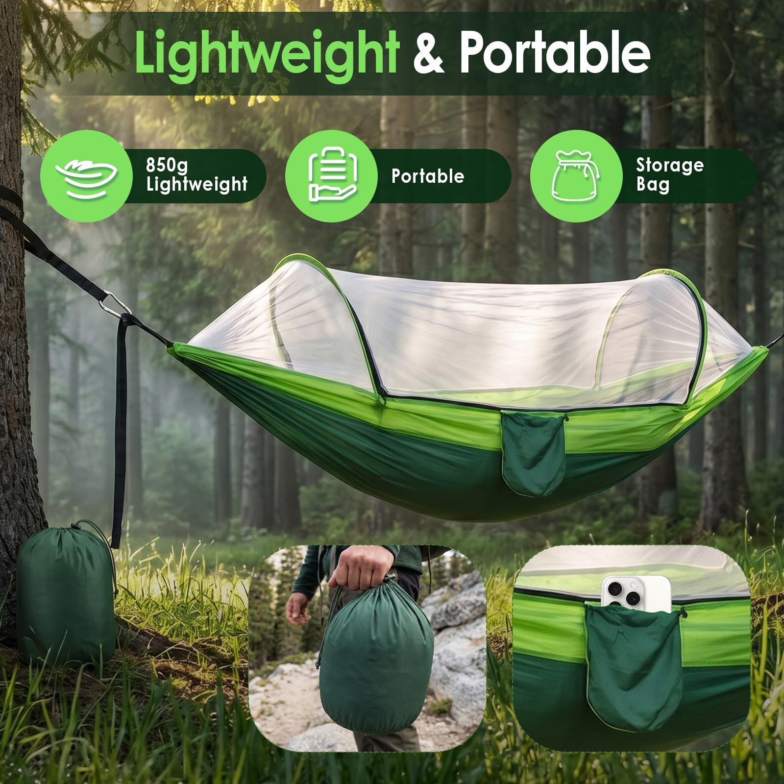Hängematte 260x140cm, Doppel Hängematte, Moskitonetz, 300kg Tragkraft, Ultraleichte Reise, mit Tragetasche, 2 Premium Karabiner, 2 Schlingen, für Camping, Outdoor und Garten