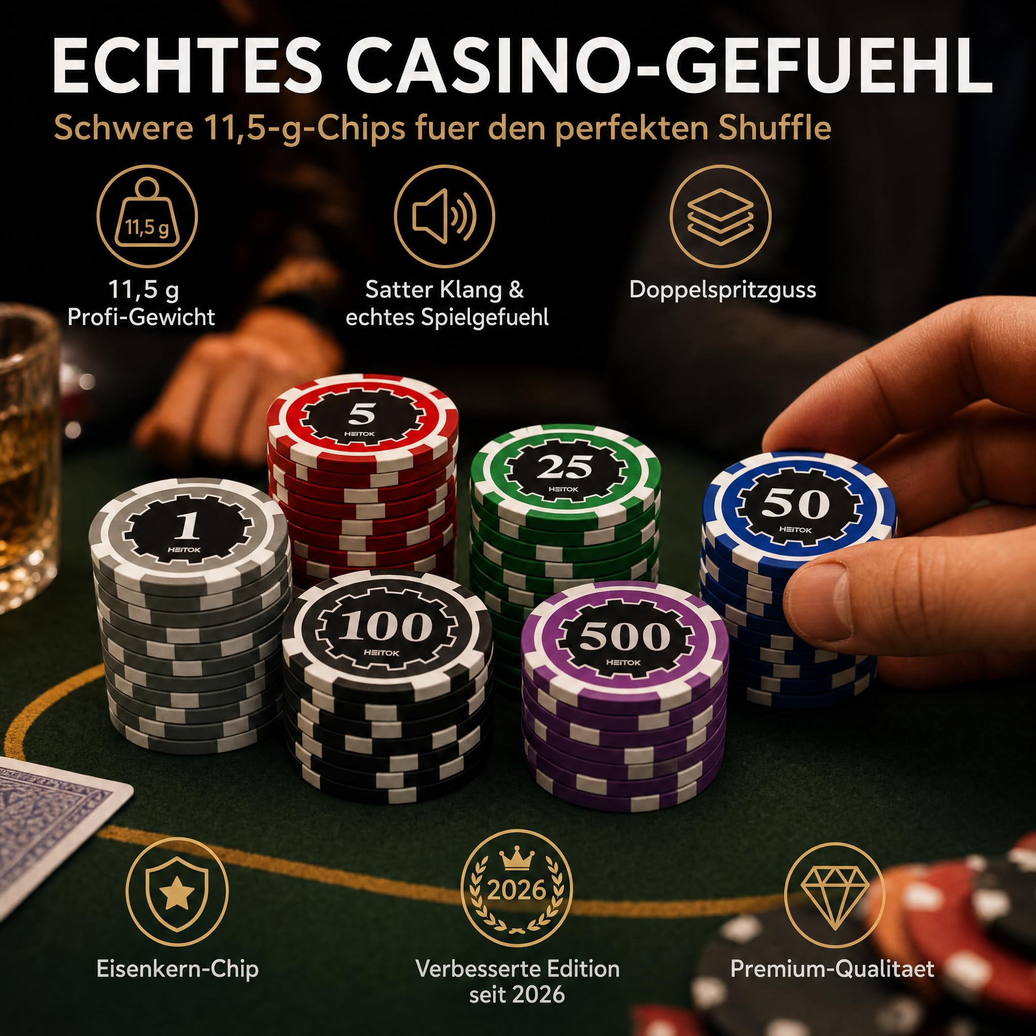 HEITOK Poker Koffer 300 Chips Set – 11,5g Pokerchips mit Wertaufdruck, Alu-Koffer, Karten, Würfel & Button | 2-8 Spieler, gut lesbare Werte, Blackjack, Karten, Würfel, Dealer und Small/Big Blind Buttons, Pokerrunden, Kartenspielabende