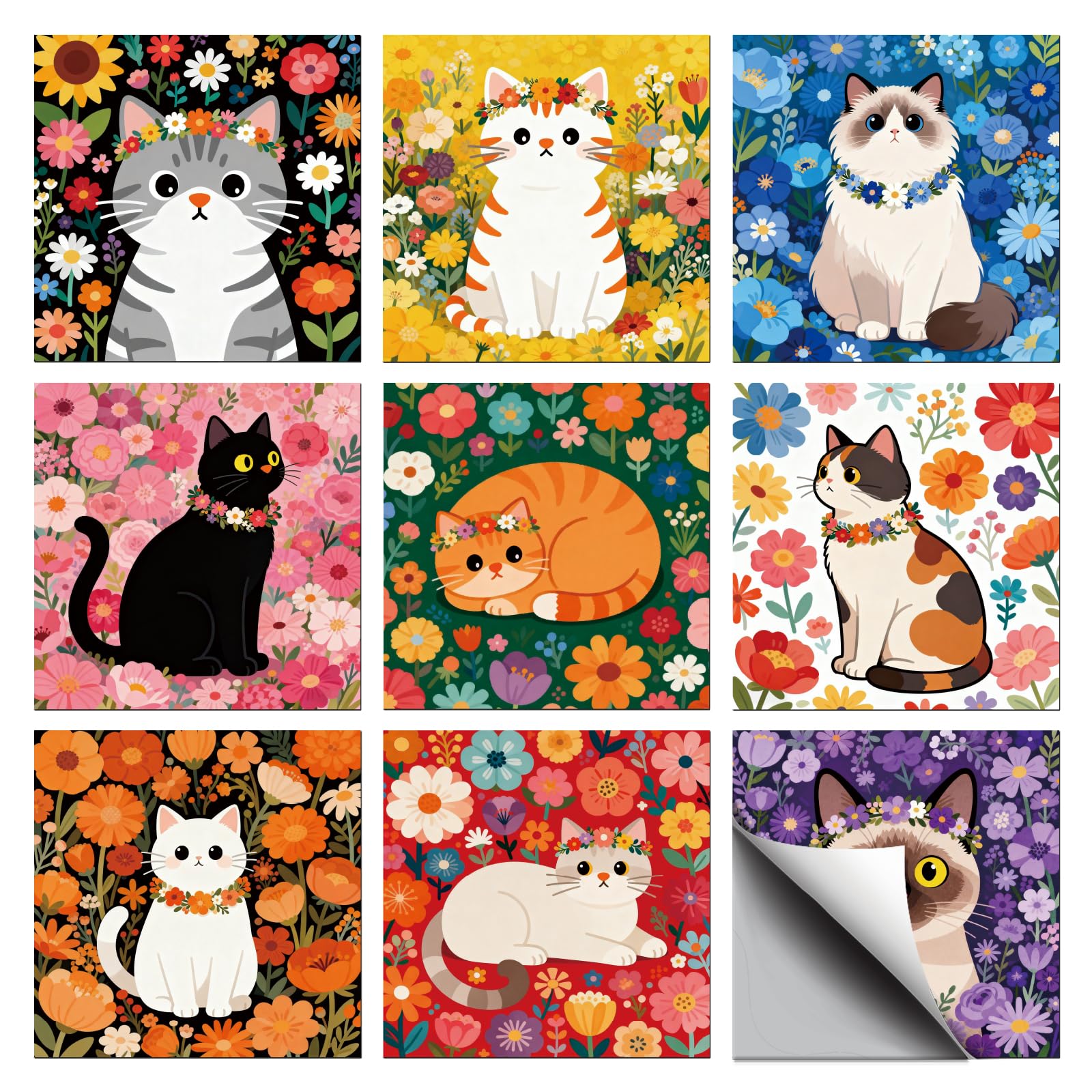 CHGCRAFT 36 Pcs 9 Style Abstract Flowers Tile Stickers Cat Peel and Stick Wall Tile Stickers Waterproof Self Adhesive Animals Stick on Tiles Decals for Kitchen Bathroom Wall Art Decor, 4×4 Inch