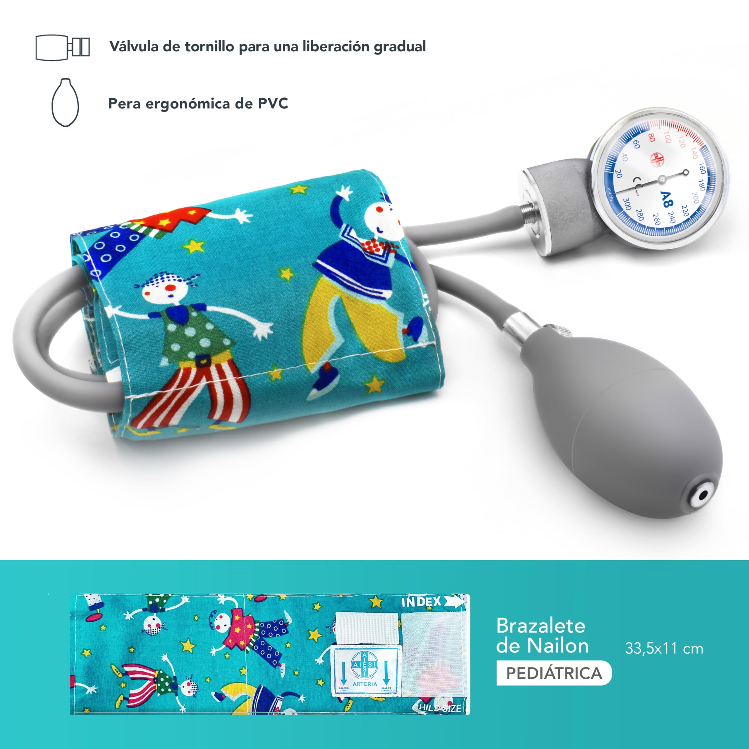 AIESI® Esfigmomanometro Manual Pediatrico Profesional Aneroide Tensiómetro clásico con brazalete de colores para ninos PRECISION A8, Garantía 24 meses