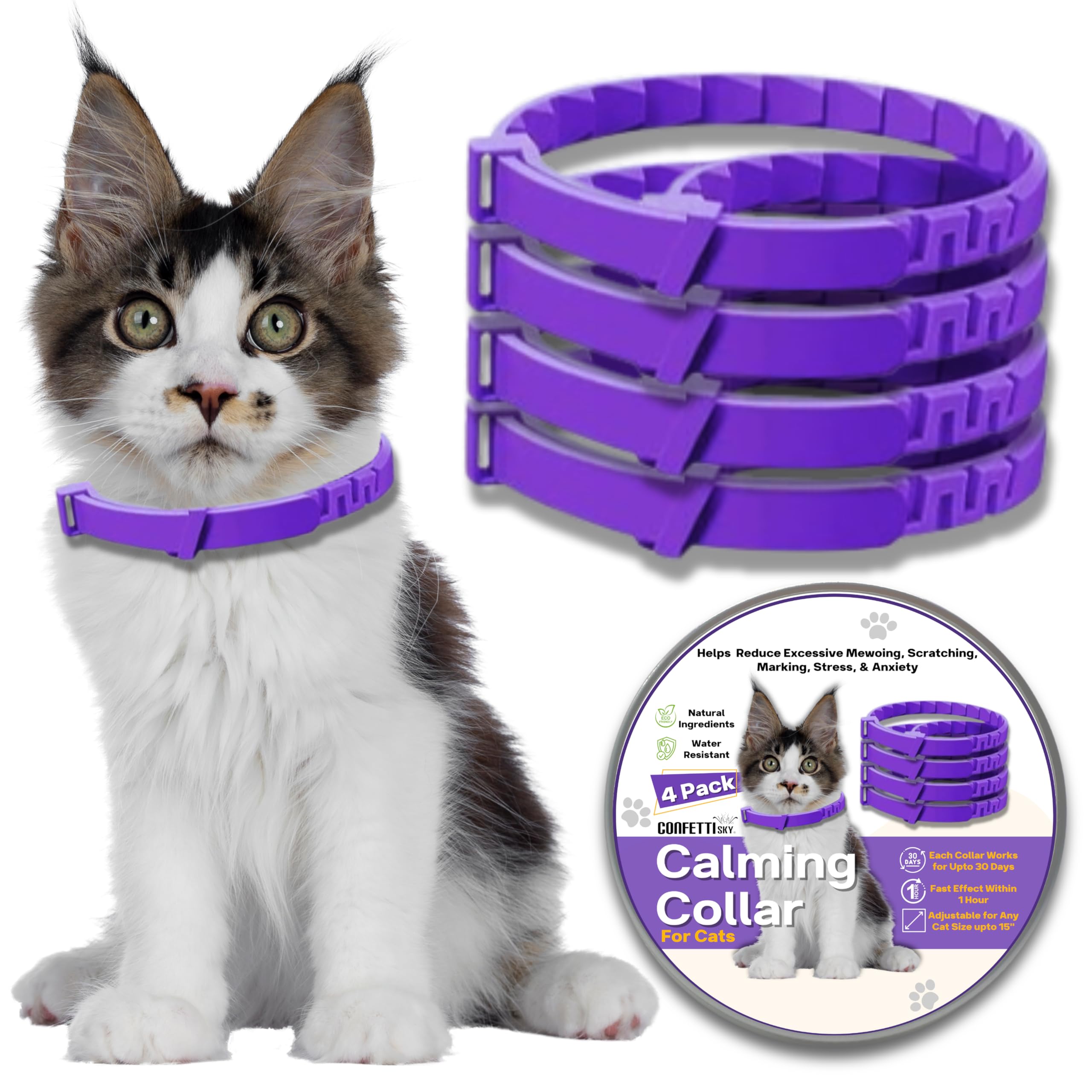 Confetti SkyCalming Collar for Cats [4 Pack] for All Cats Size and Breed | Adjustable & Breakaway Design | Cat Pheromone Collar for Stress and Anxiety Relief | Lasts up to 30 Days
