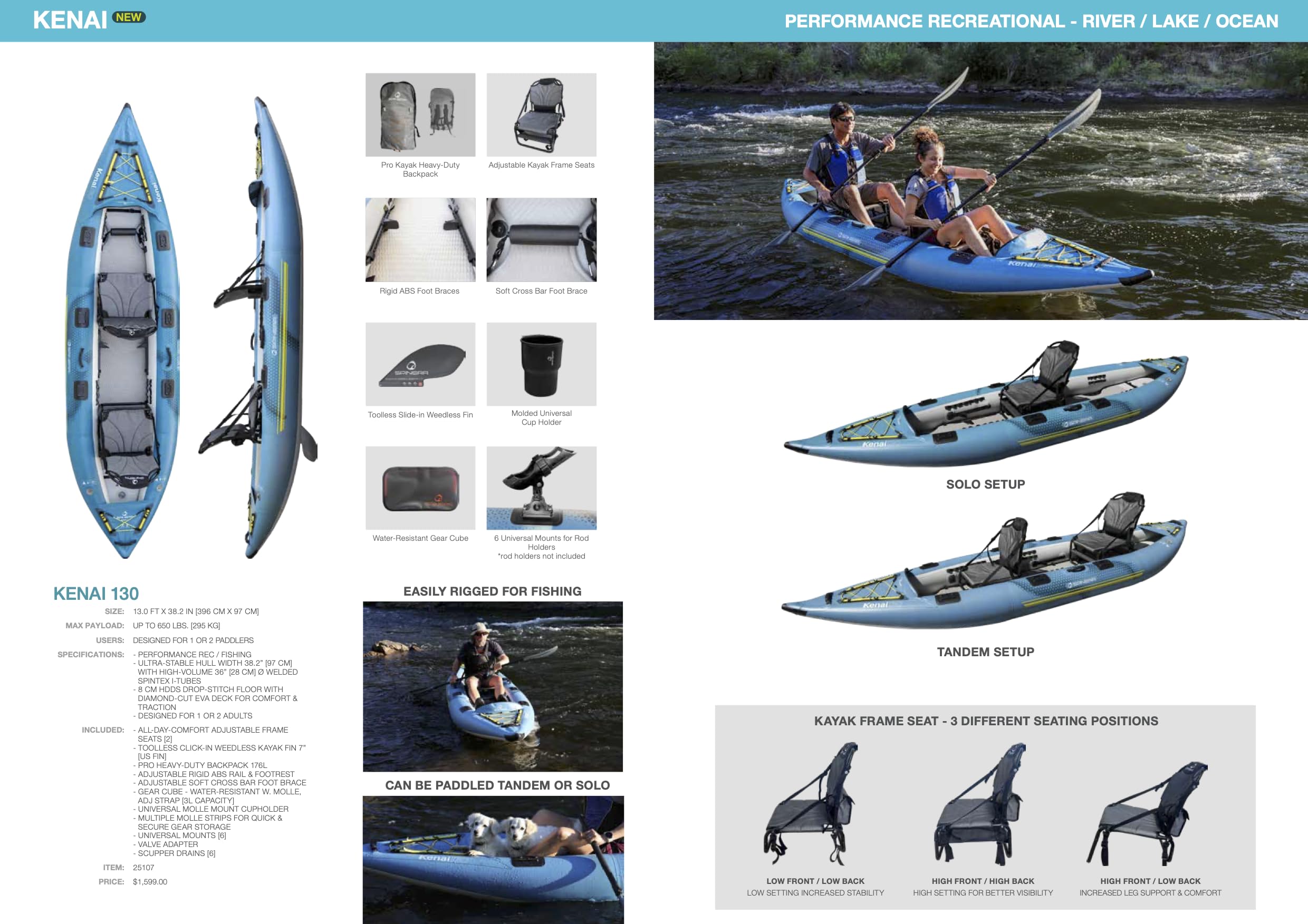 Spinera Kenai 130 – Aufblasbares Kajak 2 Personen | 396x87cm | Angelkajak & Tourenkajak | 1–2 Sitzer mit Frame-Seats | Kajak aufblasbar mit Finne & Rucksack | Allrounder für See - Fluss