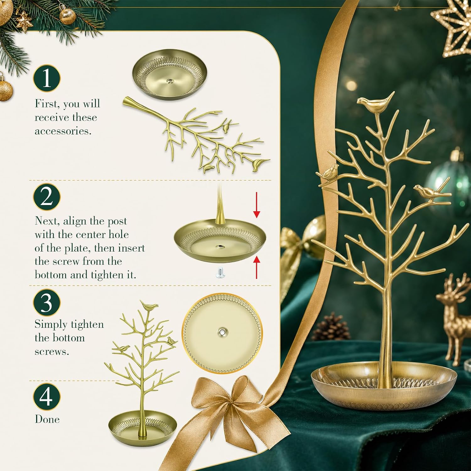 RattanView 2 Pcs Bird Tree Jewelry Stand Antique Cyan Zinc Alloy Necklace Holder Earring Bracelet Organizer Rack for Rings Watches Vanity Dresser Christmas Gift Jewelry Display Tower Countertop Decor