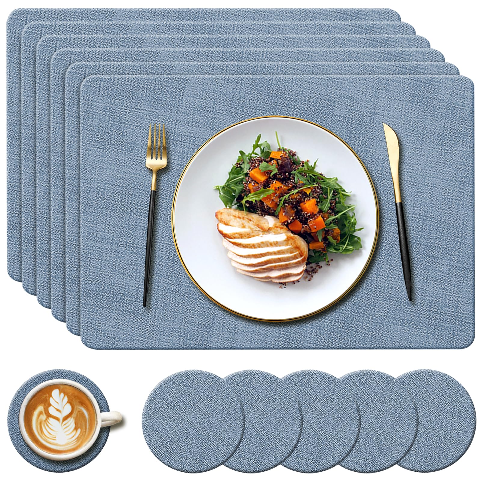 YUNJUER 6 Round Leather Place Mats(34cm) + 6 Coasters(10cm) Set, Heat-Resistant 212 °F PU Placemats, Non-Slip and Washable