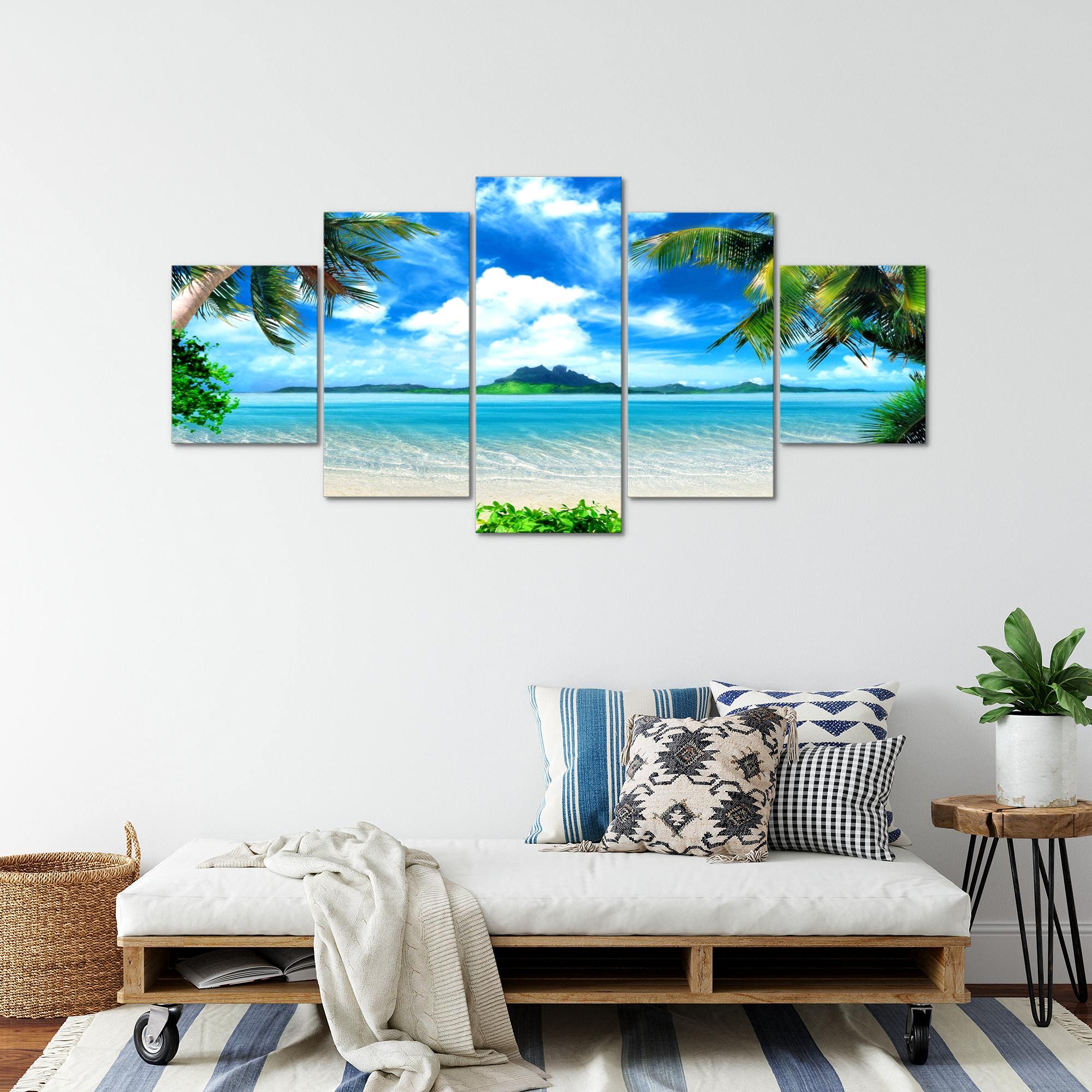 Runa Art - Bilder Strand Palmen 200 x 100 cm 5 Teilig XXL Wanddekoration Design Blau Beige 603351a