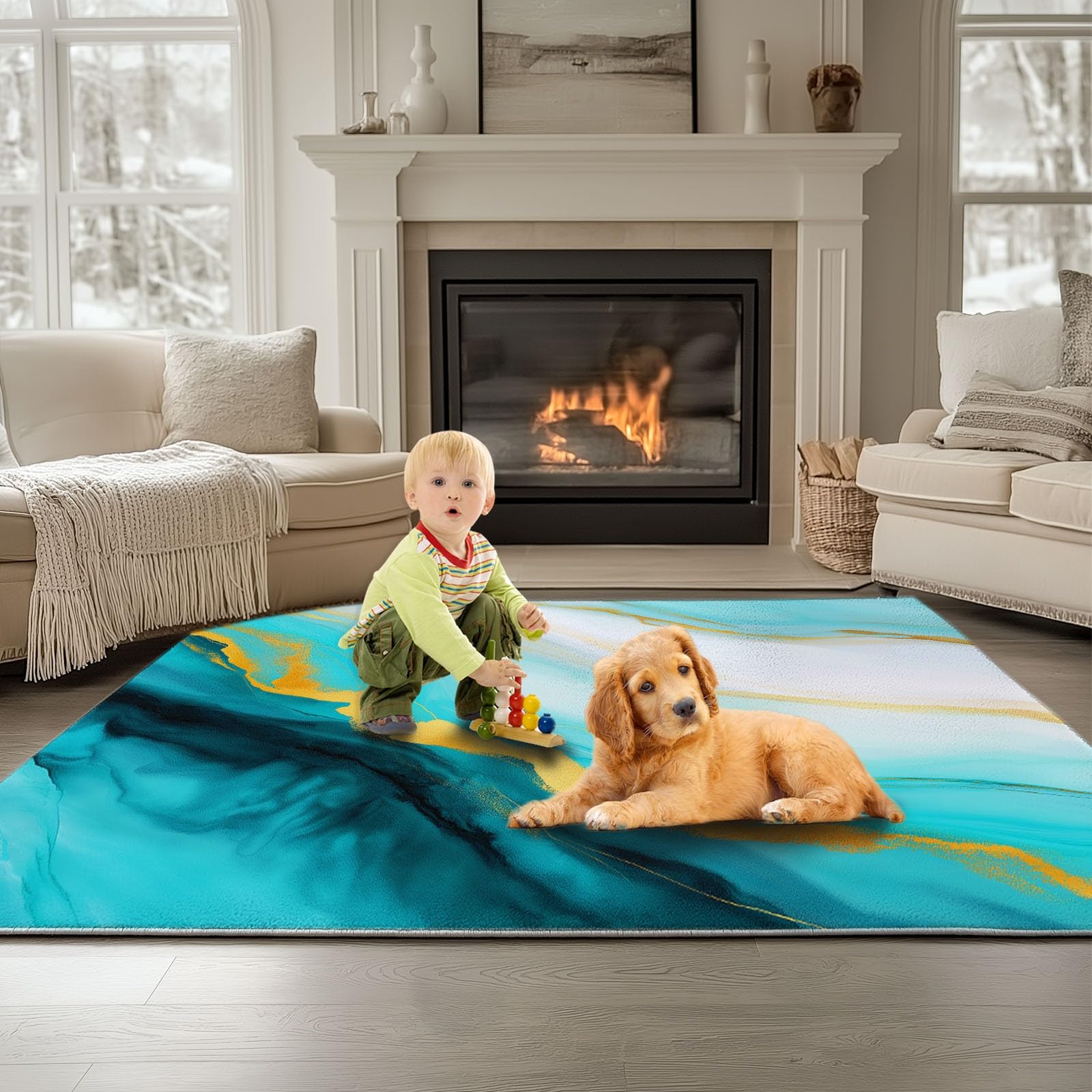 Générique Design Aquarelle Tapis Antidérapant et léger, 140 x 200 cm Tapis Poil Ras Doux Lavable, Marbre Motif De Vagues pour Cuisine Salle à Manger Chambre Adulte et Ado entrée
