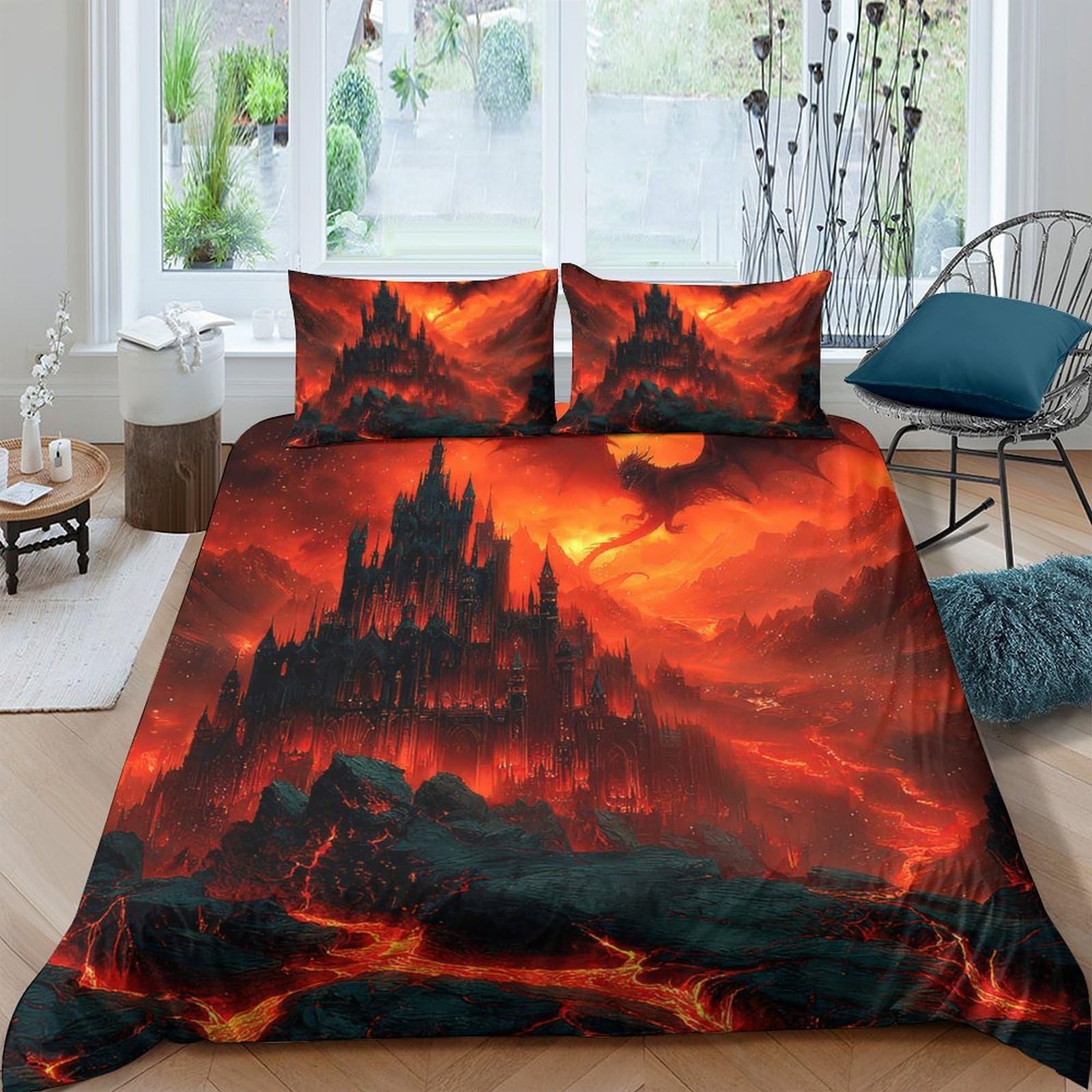 Ctjqhvkz Style-4 3D Printed Fiery Castle Fitted Sheet Microfiber Soft Mattress Cover For Bedroom Decor Protection Single（135X200cm）