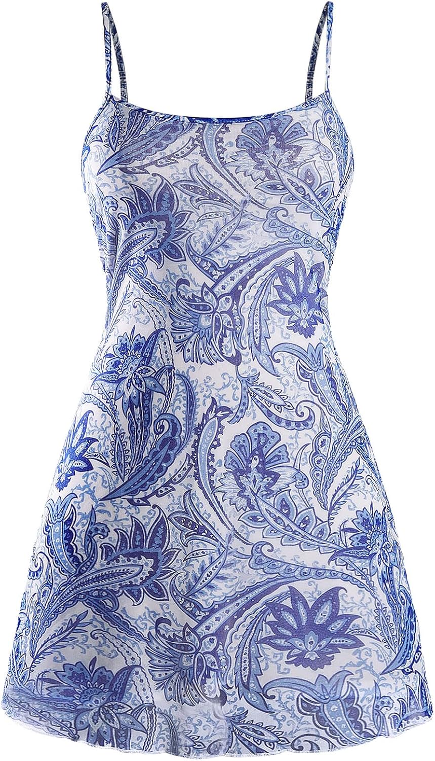 Milumia Women's Vintage 90s Mini Dress Spaghetti Strap Boho Mesh Short Dresses