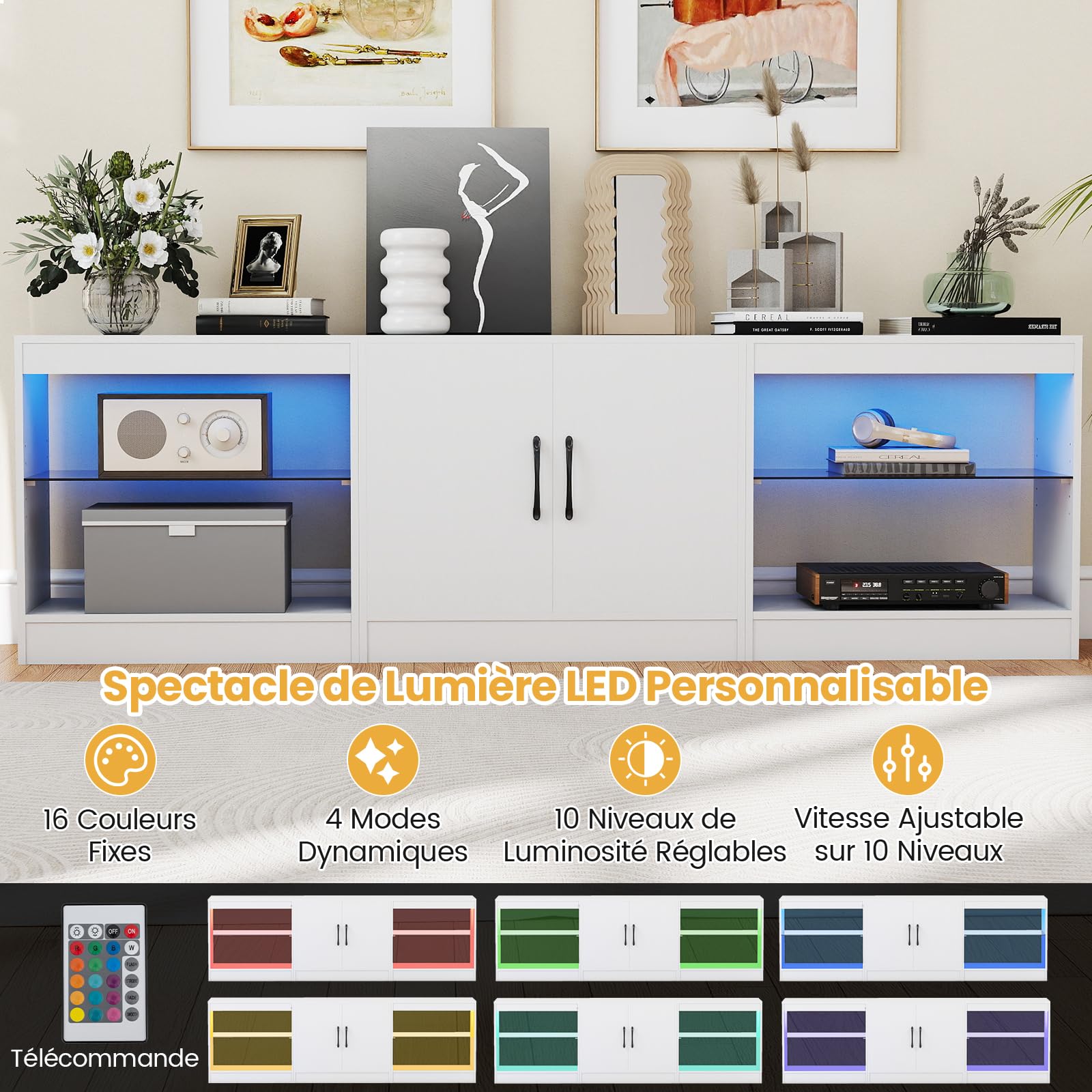 COSTWAY Meuble TV LED pour Télé 85", Meuble Télé Modulaire en 3 Pièces, Étagères en Verre Réglables, 16 Couleurs, Lminosité Télécommandée, Table TV pour Chambre, Salon, Gaming (Blanc)