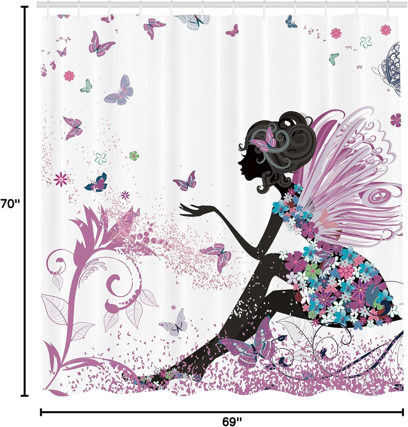 Ambesonne Fantasy Shower Curtain, Spring Girl Wings in a Floral Dress Surreal Garden Butterflies Print, Cloth Fabric Bathroom Decor Set with Hooks, 69" W x 70" L, Pale Purple