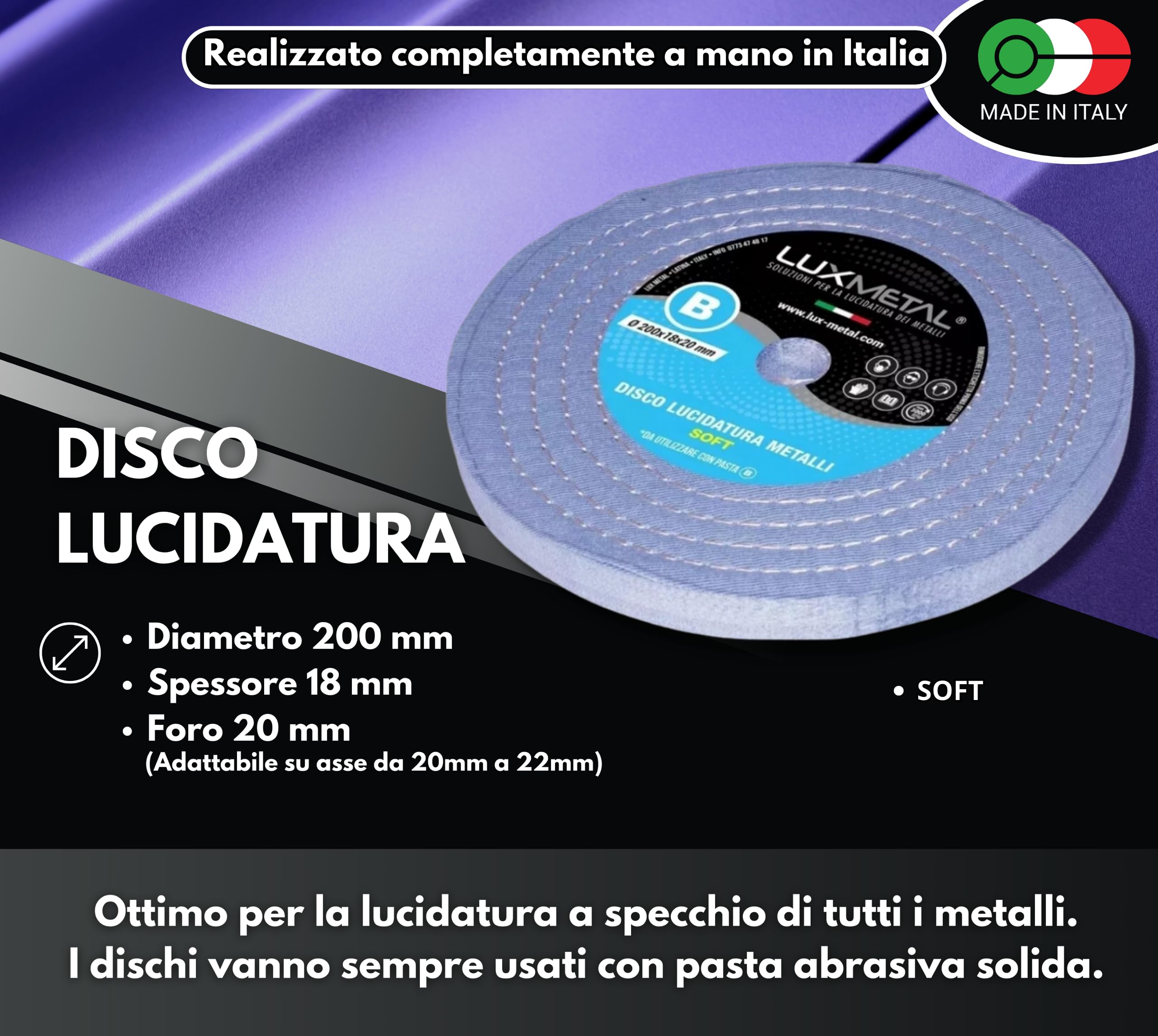 Lux Metal Disco Lucidatura Metalli Soft 200 mm In Feltro Cotone Per Lucidare A Specchio Alluminio Acciaio Inox Dischi Lucidante Lucidatrice Mola Ruota Smerigliatrice Ottone Rame Legno Marmo Plexiglass