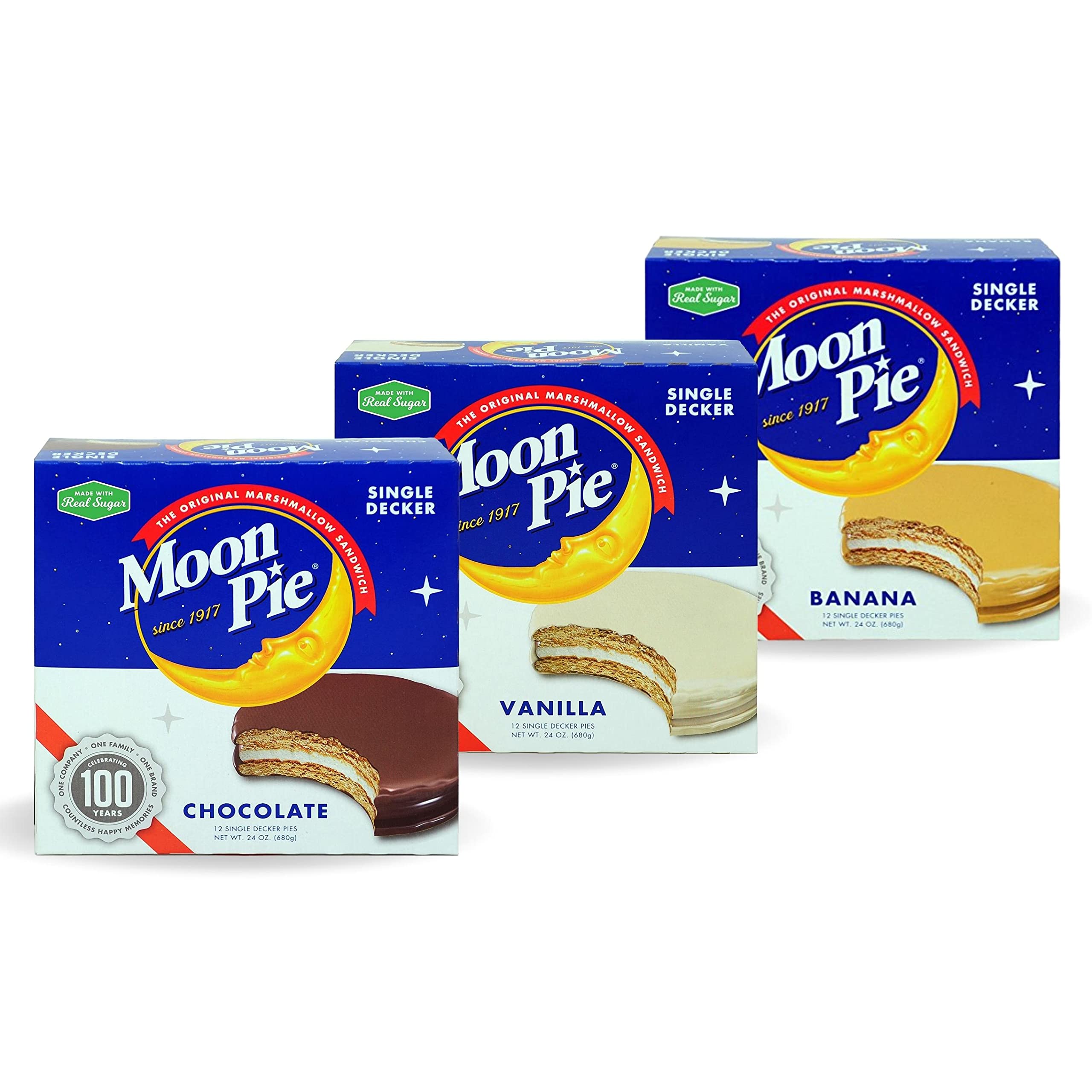 Moon Pie Single Decker Original Marshmallow Sandwich Bundle - Chocolate, Vanilla, Banana - 1 box each Flavor, 12 Individually Wrapped Pies in each box