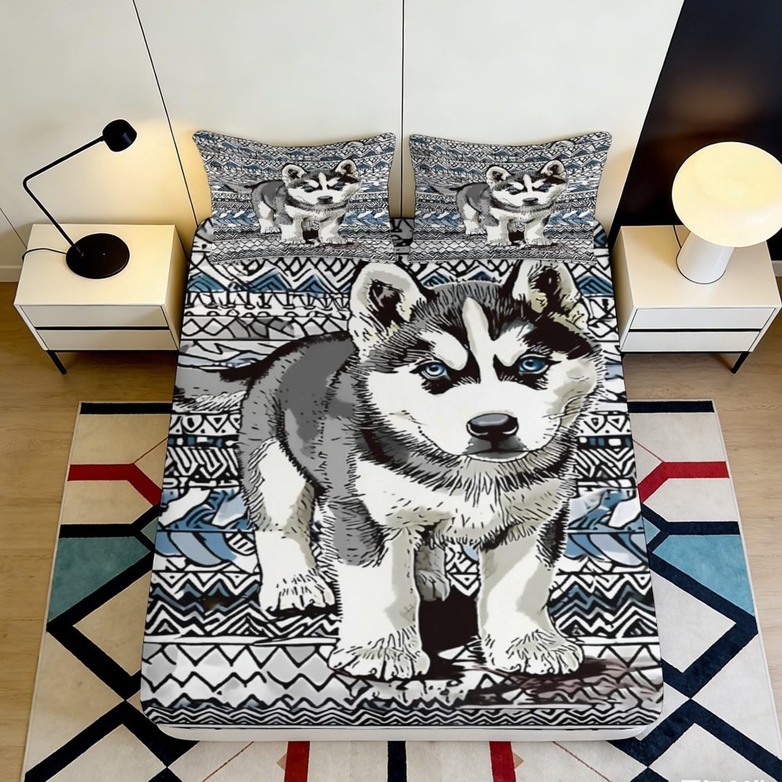 3D Printed Husky Puppy Pattern Fitted Sheet Microfiber Soft Anti-Slip Mattress Cover for Bedroom Dorm Decor, Easy Care 160x200x25cm