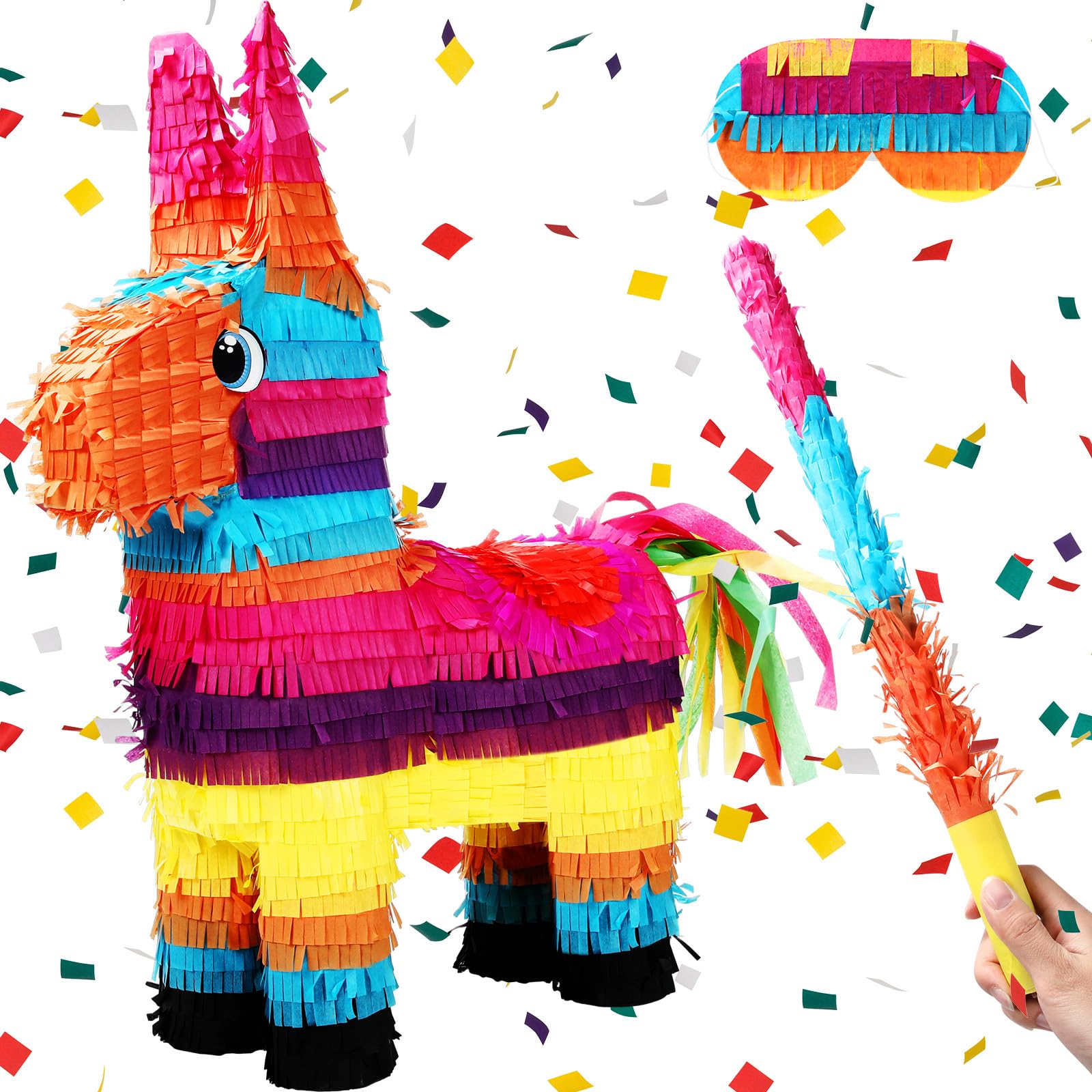 Poen Piñata grande de burro arcoíris de 21 pulgadas, piñata multicolor para fiesta, 53 x 15,7 x 6 pulgadas, decoración de fiesta temática mexicana, carnaval, festivales, eventos de martes de tacos,