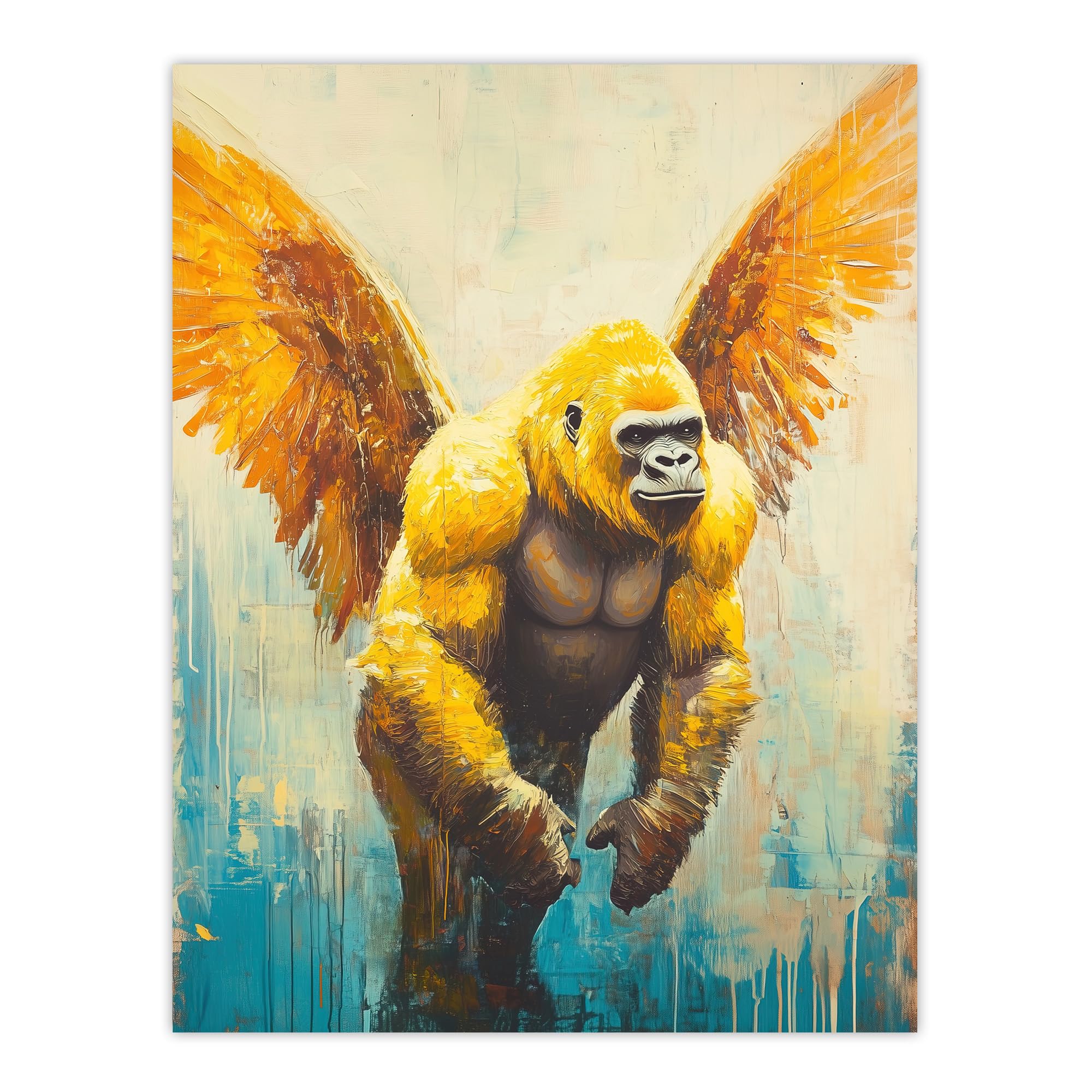 Artery8 Golden Yellow Gorilla Angel Wings Oil Painting Living Room Large Wall Art Poster Print Thick Paper 18X24 Inch