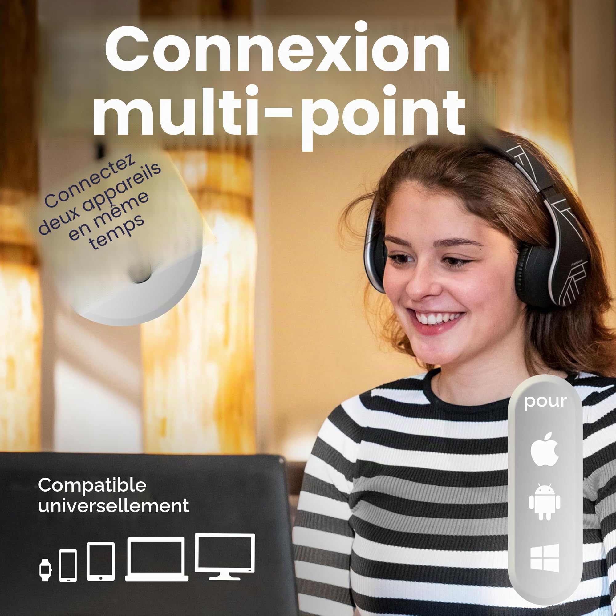 PowerLocus Casque Bluetooth sans Fil, Pliable Casque Audio Stéréo, Oreillette Bluetooth avec Micro Intégré/Micro SD/FM Radio pour Téléphones/PC/Tablettes/TV (Noir/Argent)