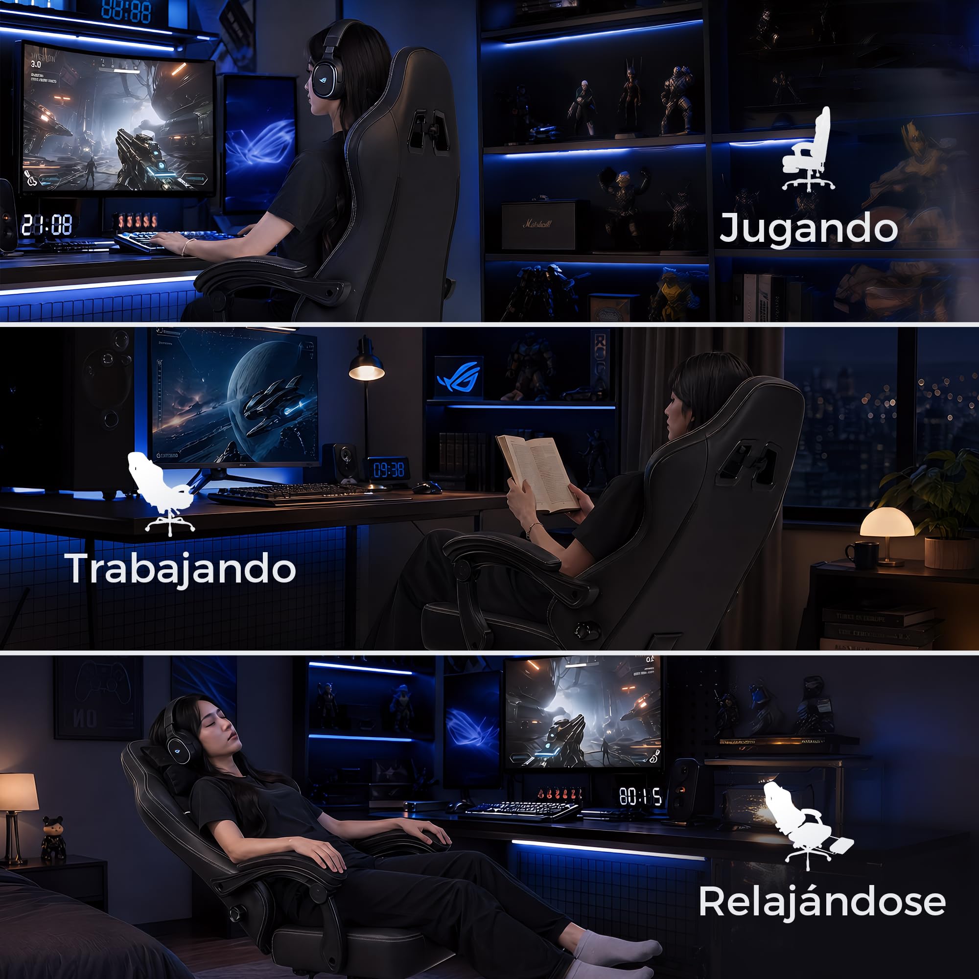 TRIUMPHKEY Silla Gamer Ergonómica, Silla de Oficina con Reposapiés, Inclinable, Soporte Lumbar, Cojín de Muelles, Reposabrazos Sincronizados, Capacidad de Carga 200kg, Negro Obsidiana