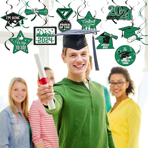 Miniatura 7 de Decoraciones para fiestas de graduación 2022, 30 unidades de remolinos colgantes de aluminio con diseño de estrellas, toga, diplomas, serpentinas de