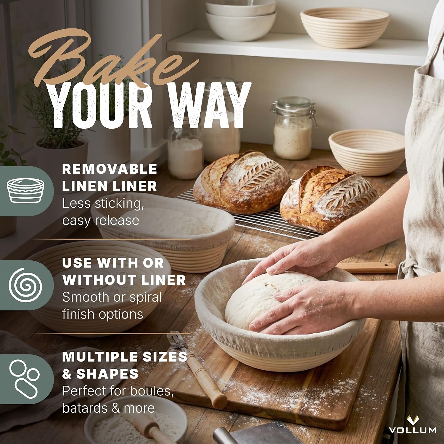 Vollum Banneton Bread Proofing Basket with Liner, Round 8.5"