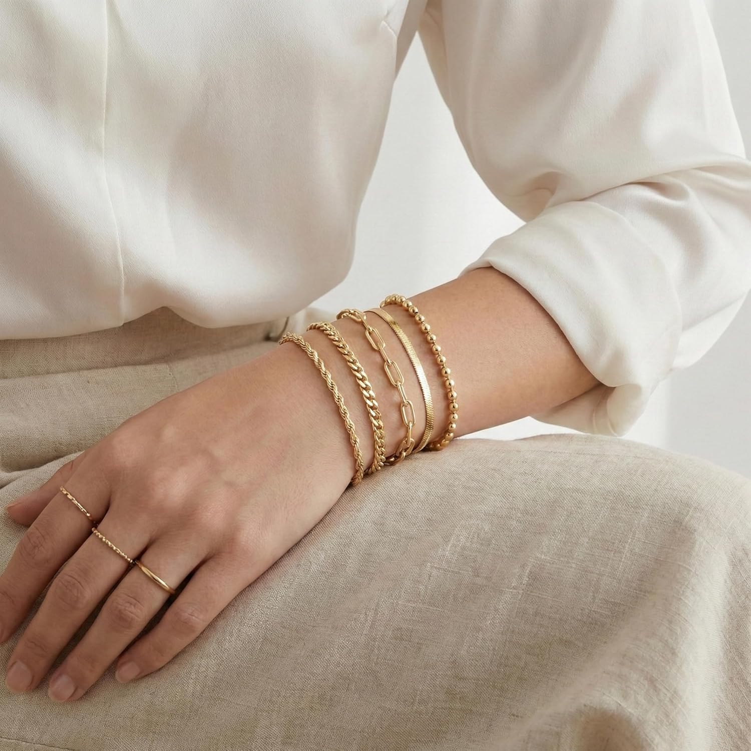 Gold Bracelets Set for Women Stack, Dainty Thick Bracelets Stack for Women Trendy, Simple Thin Gold Plated Cuff Stackable Bracelets With Beaded Cuban Paperclip Snake Rope Bangle Hand Chain Jewelry Gifts for Women Non Tainish - Image 4