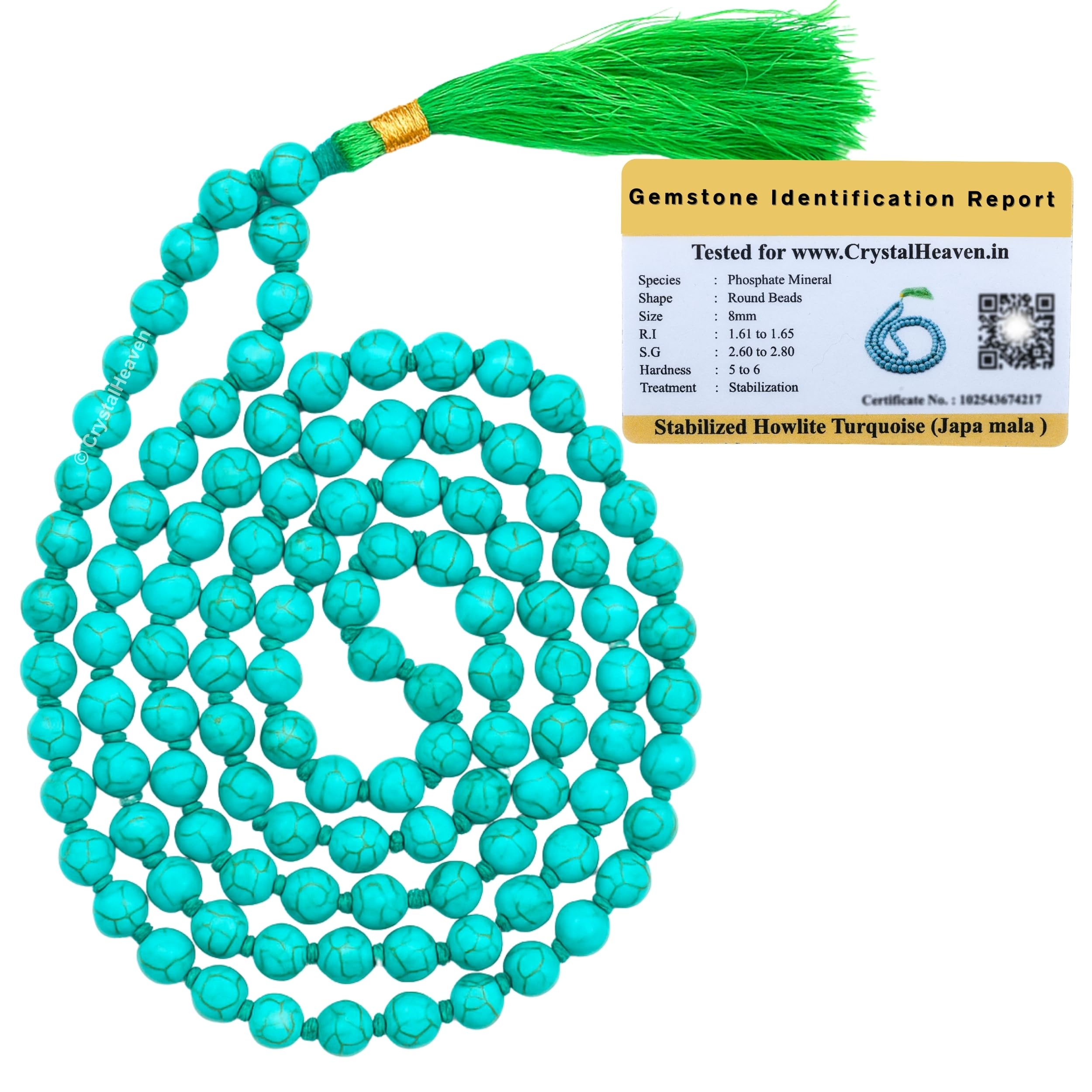 Manmade Turquoise Crystal Japa Mala Ganthi - 108 Beads Buddhist Prayer Beads - AAA Grade Original Healing Gemstone Agate Mala for Yoga Meditation Spiritual Reiki Feng Shui