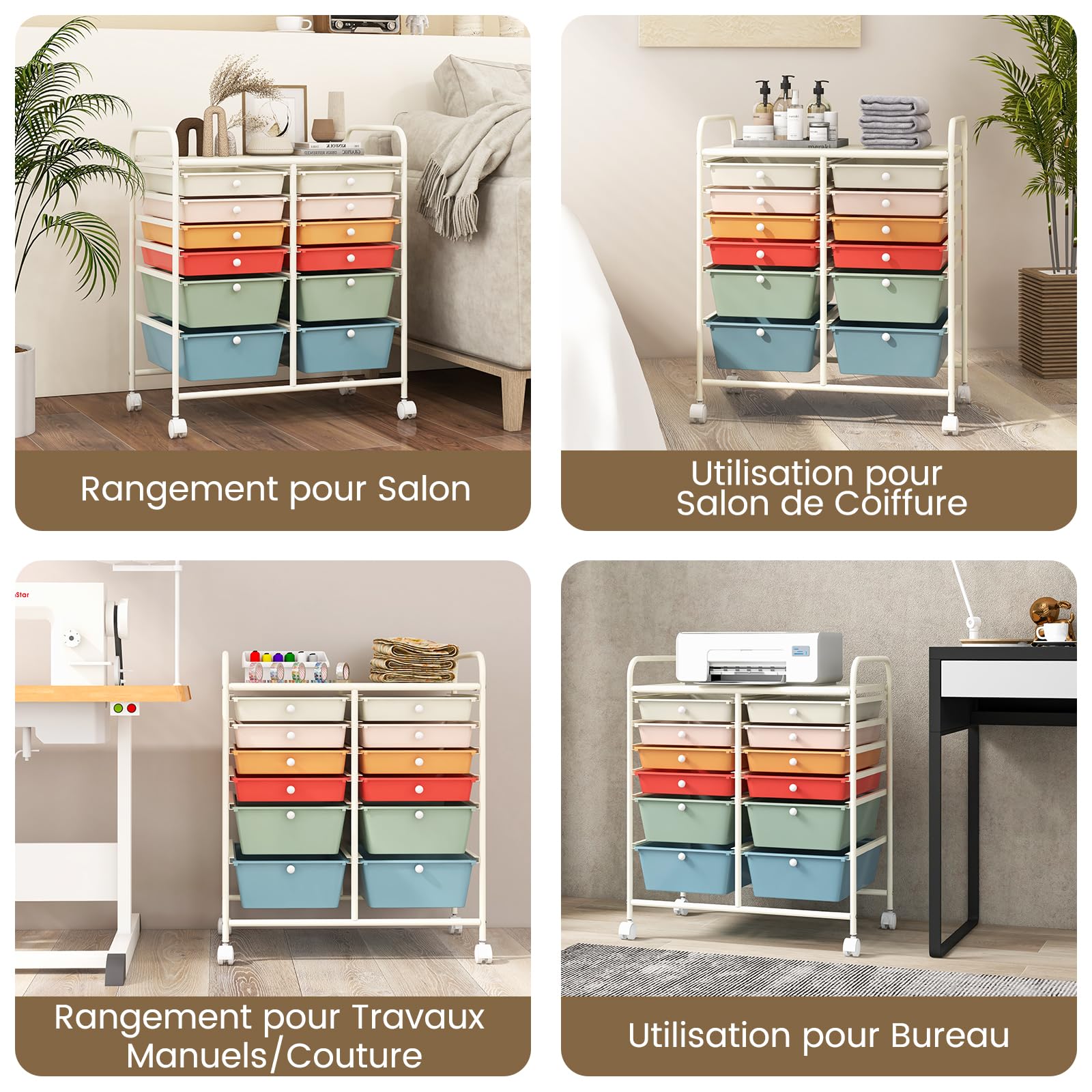 COSTWAY Chariot de Rangement à Roulette 12 Tiroirs en PP, Tour de Rangement avec Tablette, Cadre en Métal, Desserte Meuble Tiroir pour Cuisine Salle de Bain École, 64x38x75cm (Multicolor)