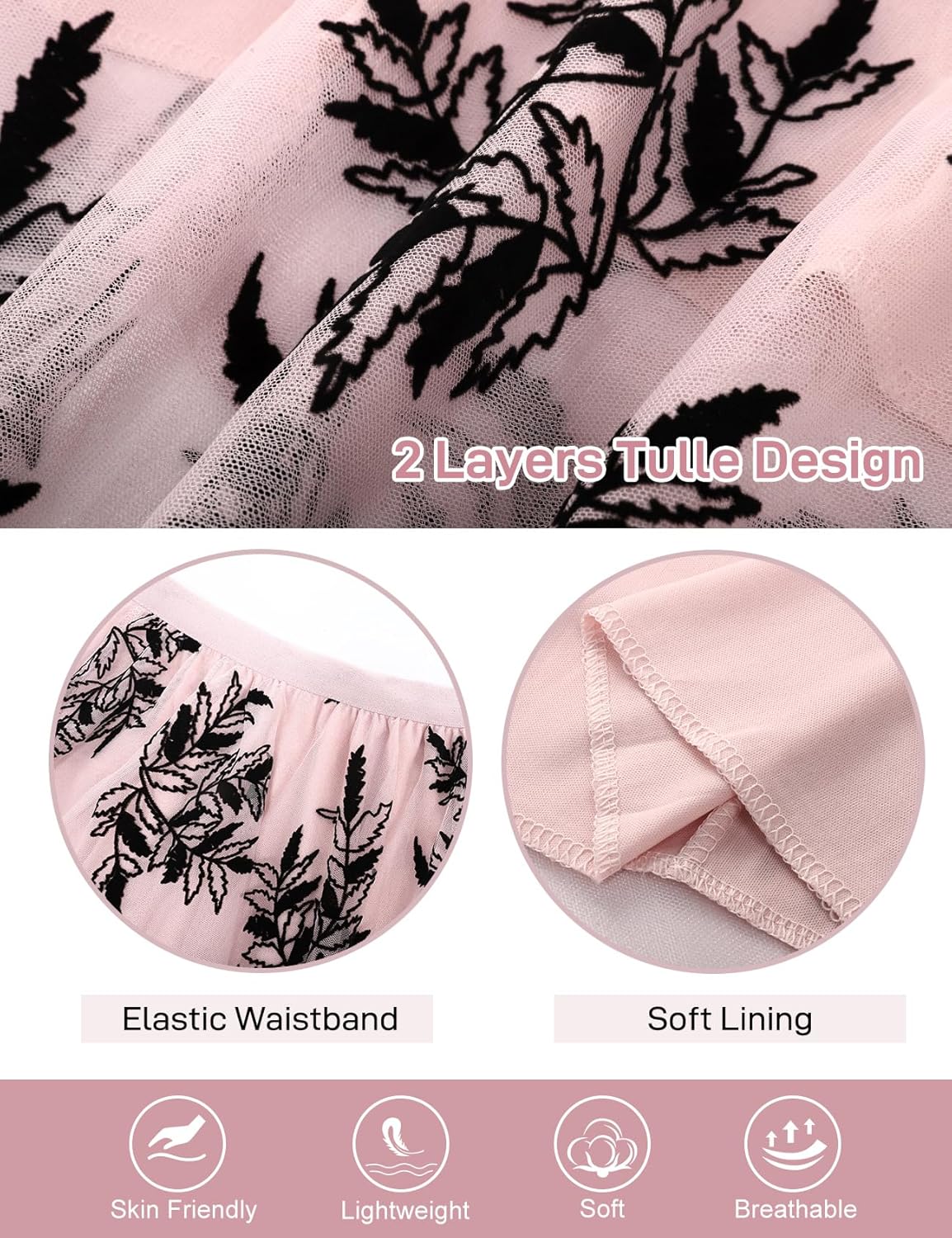 Flygo Women's Midi Long Tulle Skirts Dressy Casual Elegant A-Line Elastic Waist Foliage Embroidery Mesh Skirt - Image 6