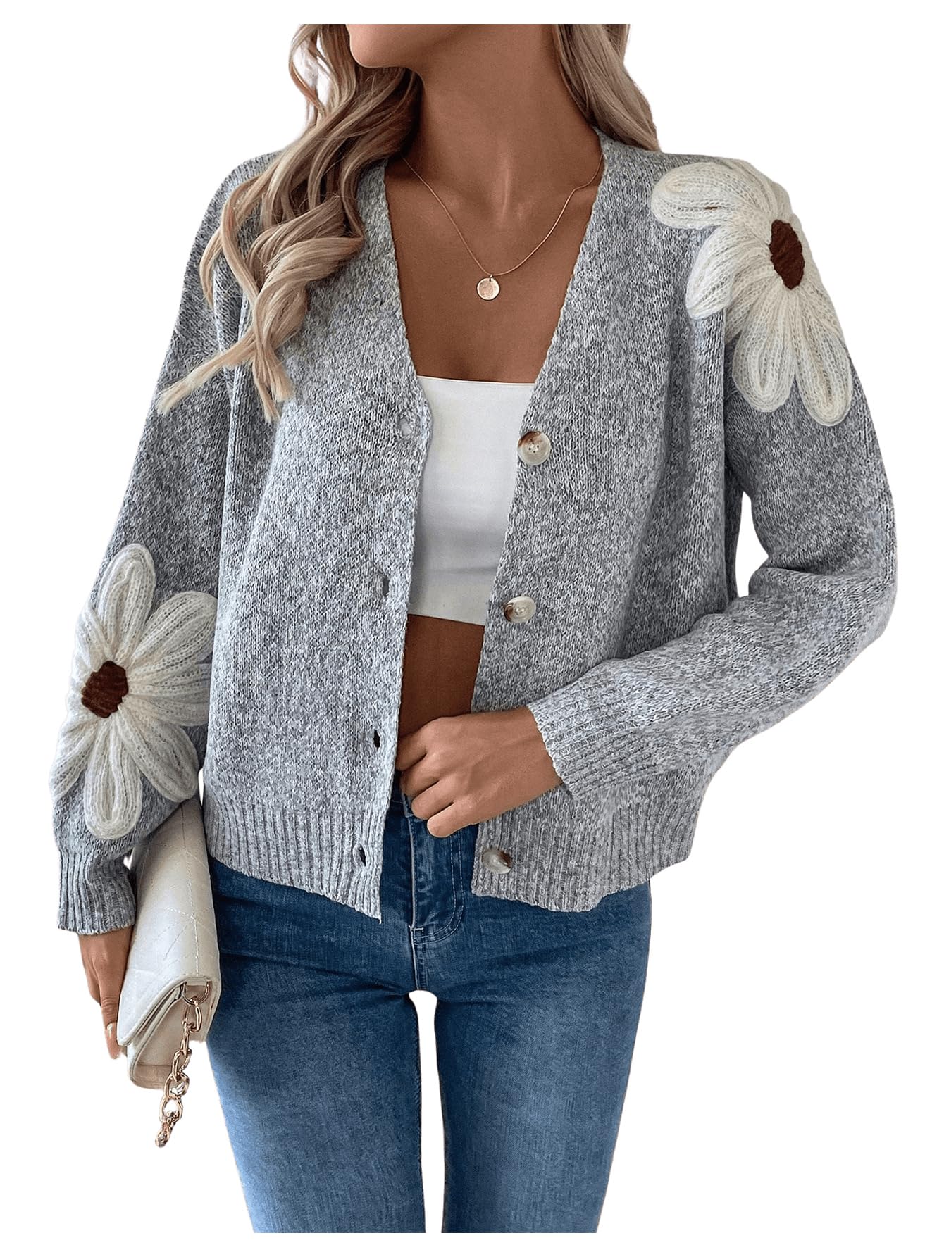 SHENHE Womens Flora V Neck Button Down Cardigan Drop Shoulder Elegant Flower Sweater Outerwear