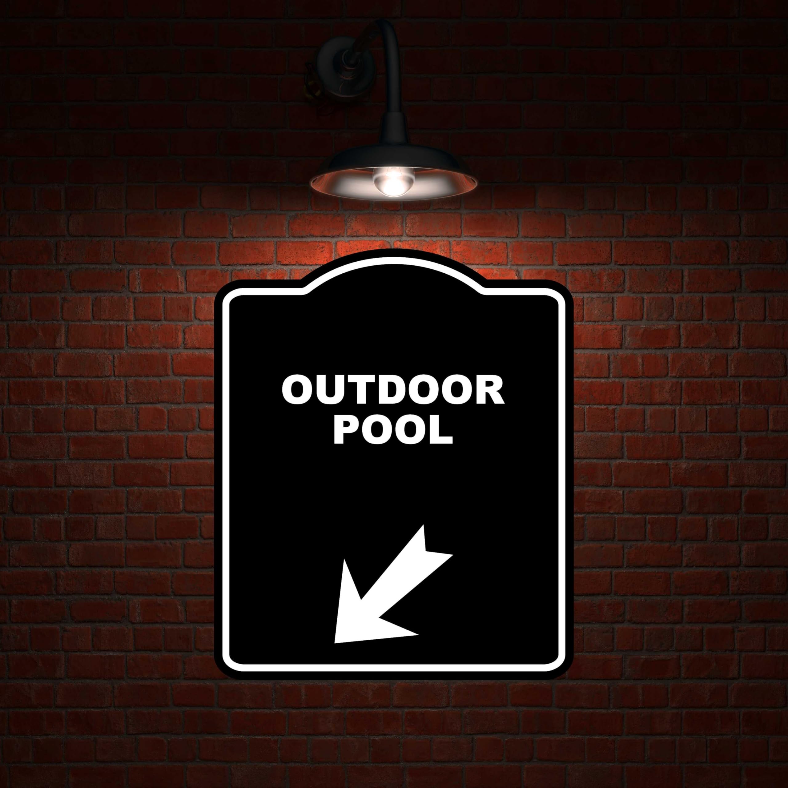 OUTDOOR POOL Black Sign Arrow Down Left Aluminum Composite Sign 15 x 18 inches