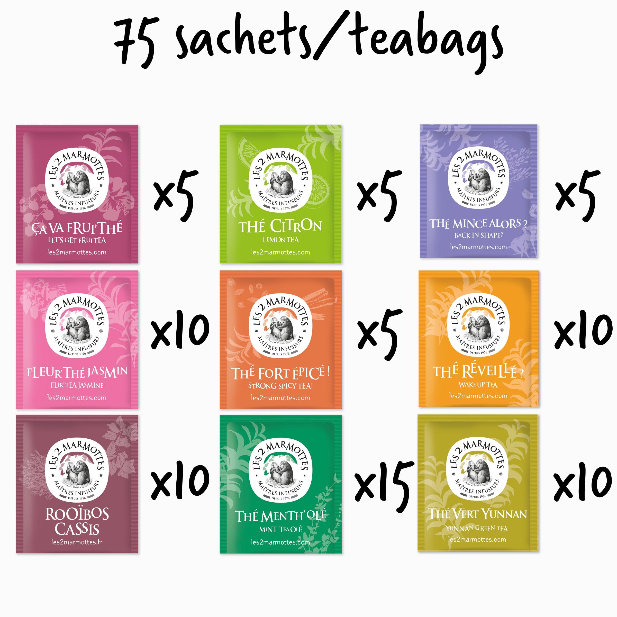 Les 2 Marmottes - Coffret L'Heure des Thés 75 Sachets - 9 Thés et Rooibos BIO - Idéal En Cadeau - Petit Déjeuner et Energisant - Made In France - Sans arômes ajoutés - 127g