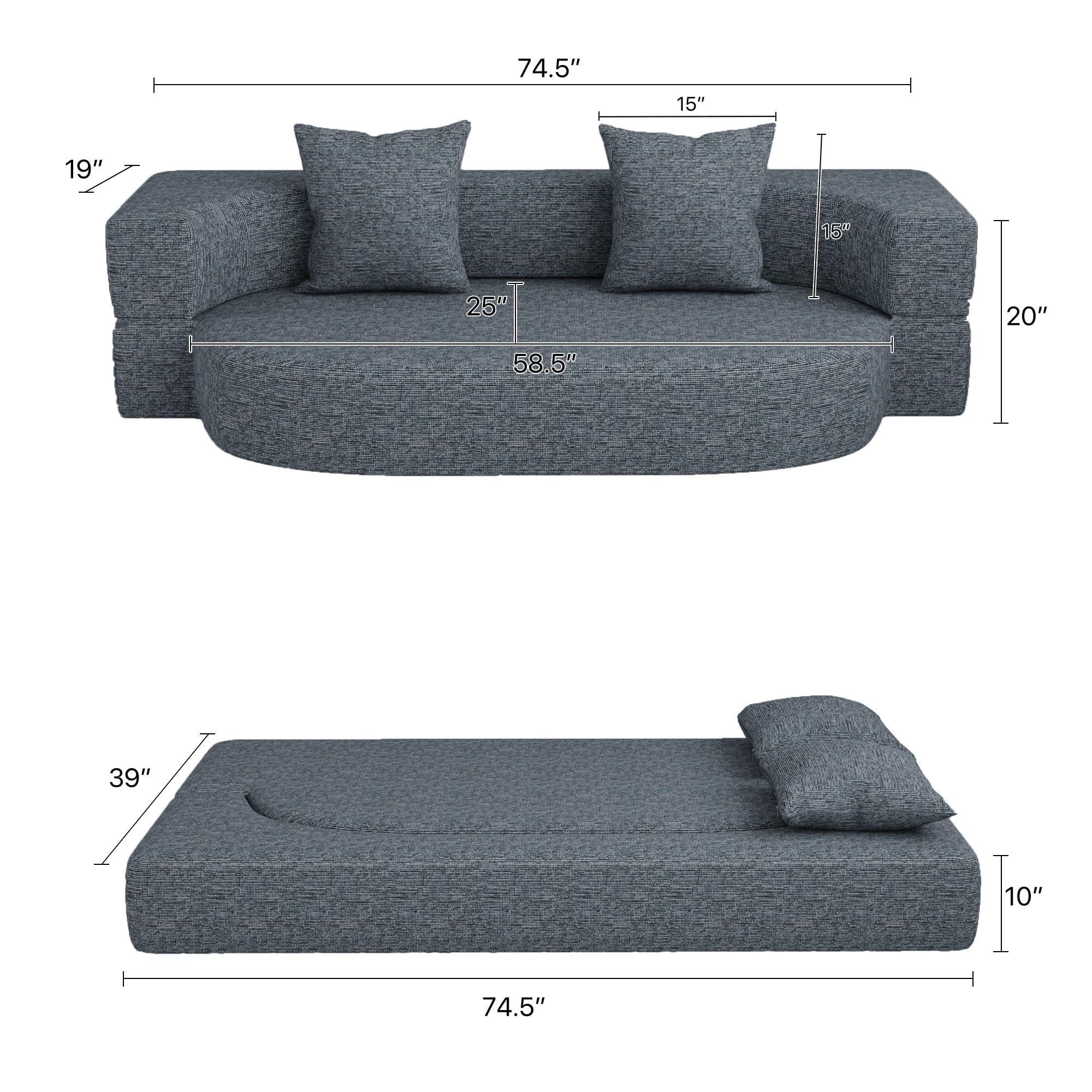 HENGJIANYI Folding Sofa Bed, Convertible Futon Sleeper Bed, 2-in-1 Foldable Floor Mattress with 2 Pillows, Breathable High-Density Foam Lazy Couch, Twin Size Comfy Lounge Chair, Dark Gray