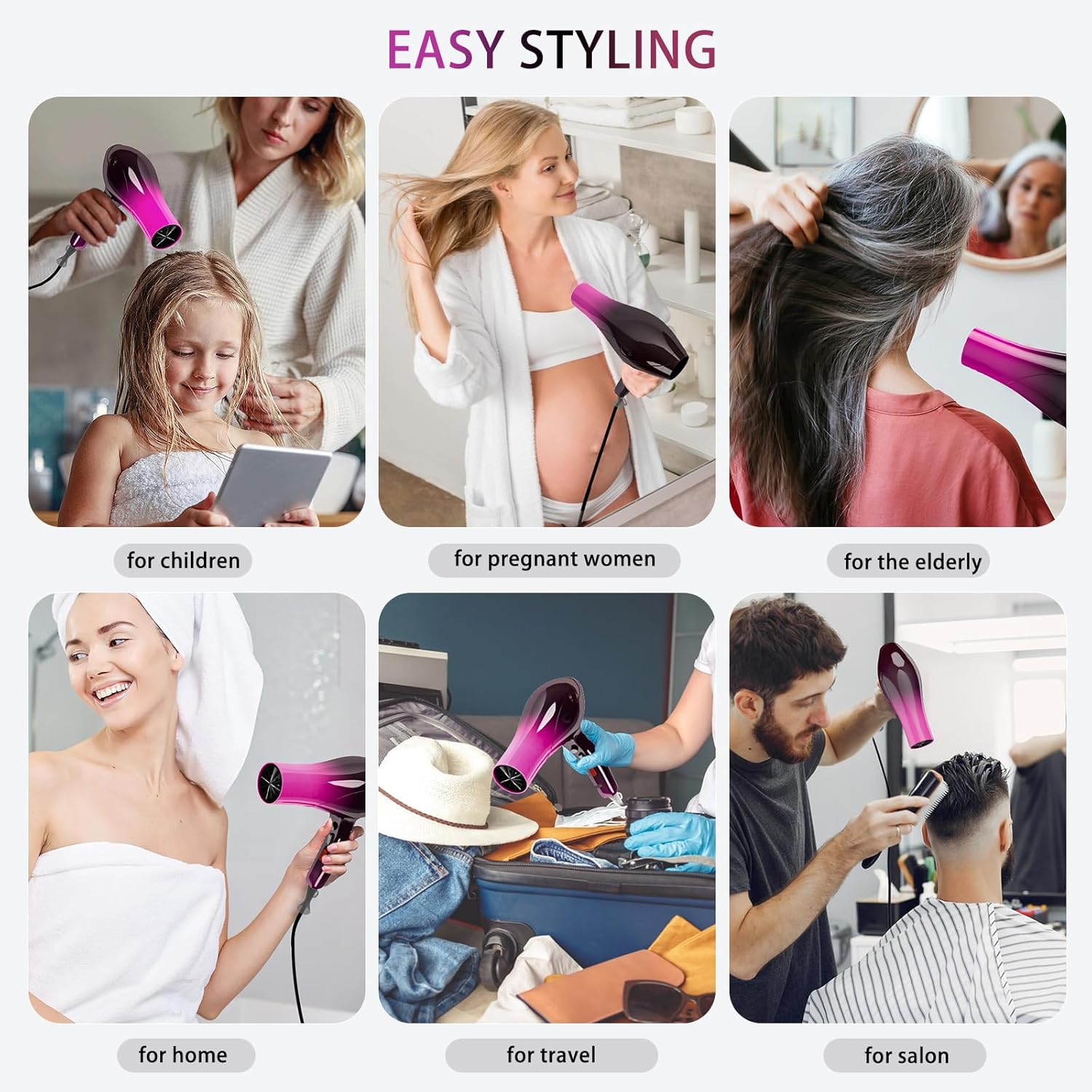 Ionic Hair Dryer,2400W Negative Ion Low Noise Hair Dryer Professional Fast Drying Hair Dryers with 2 Speeds, 3 Heat Settings, Cooling Button,with Diffuser for Curly and Straight Hair（Crimson Fade）