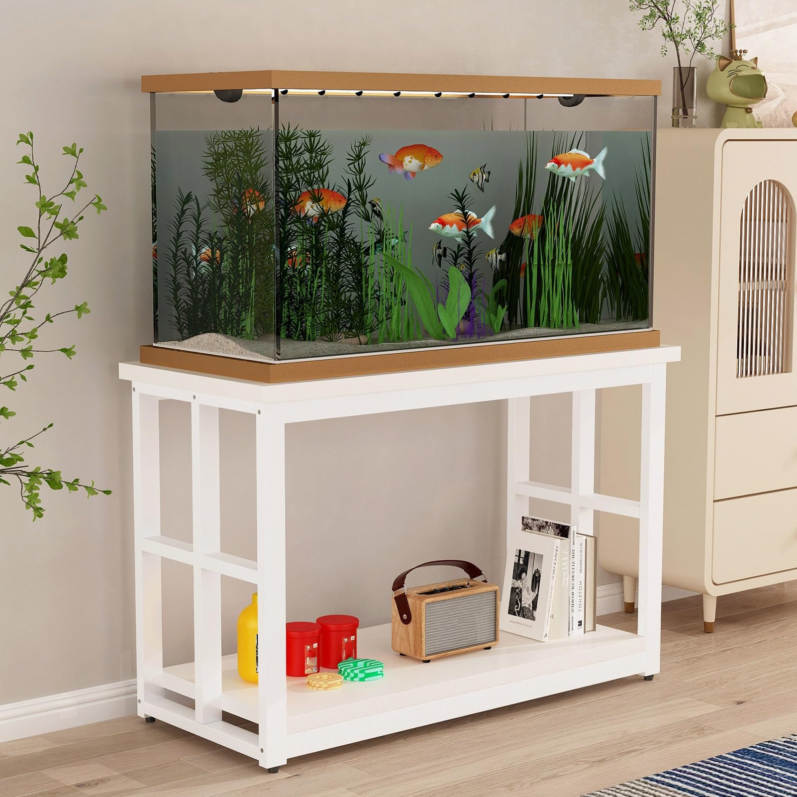 Soporte para Acuario de 2 Niveles con Almacenamiento, Soporte Metálico para Acuario con Patas Ajustables, Soporte para Tanque de Reptiles Para Oficina en Casa(Blanco,100x50x70cm)