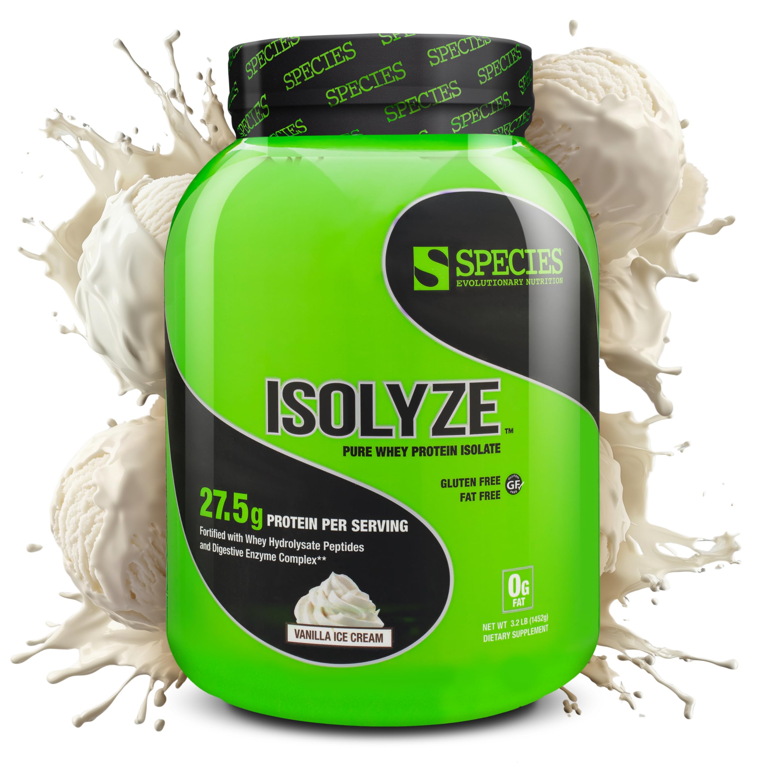 Species Nutrition Isolyze Whey Protein Powder, 100% Whey Isolate for Muscle Building, 27.5g Protein Per Scoop, No Sugar & Low Fat (Vanilla Ice Cream, 44 Servings)
