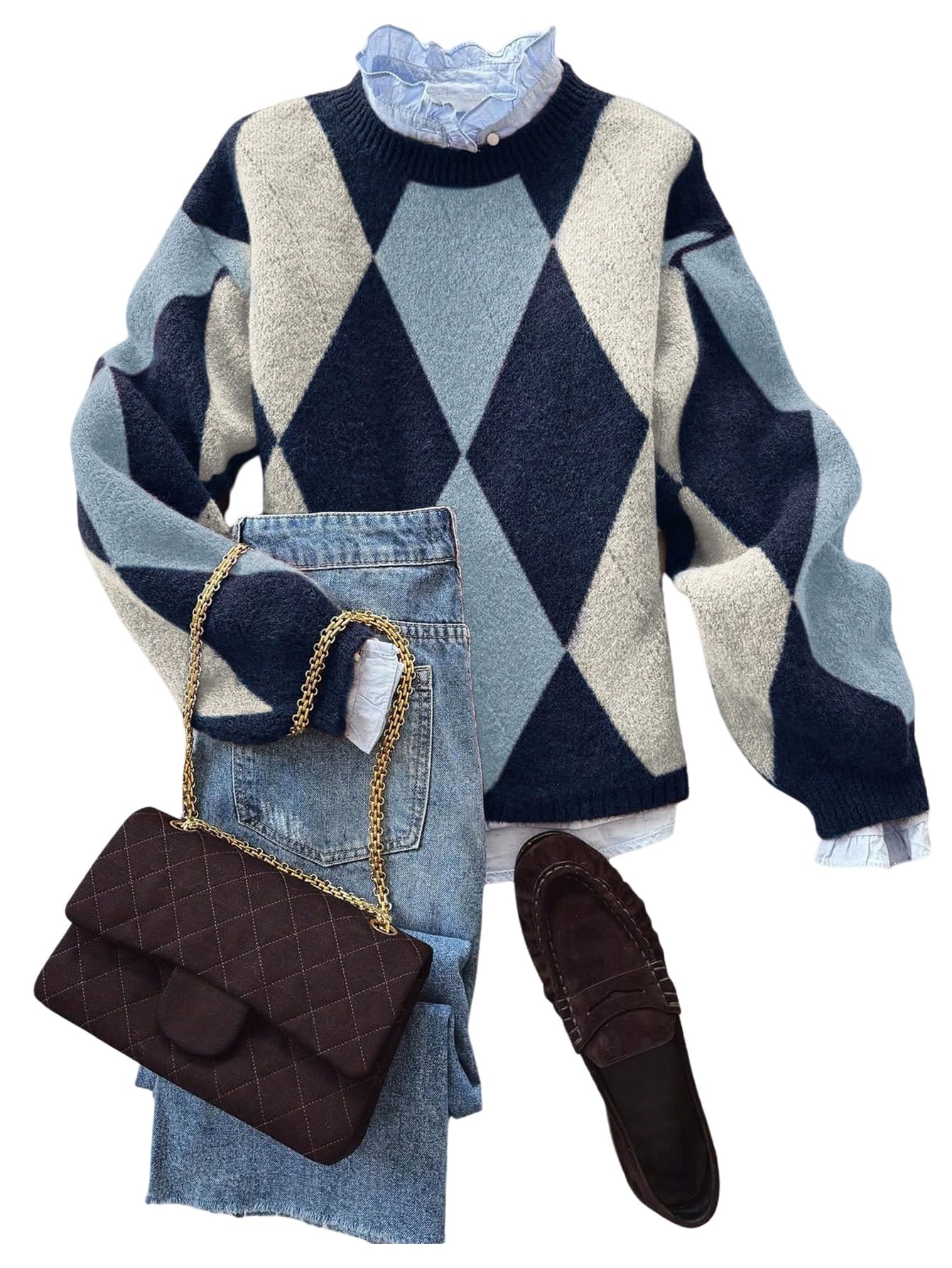 MakeMeChic Womens Argyle Plaid Sweater Crew Neck Long Sleeve Knit Vintage Pullovers