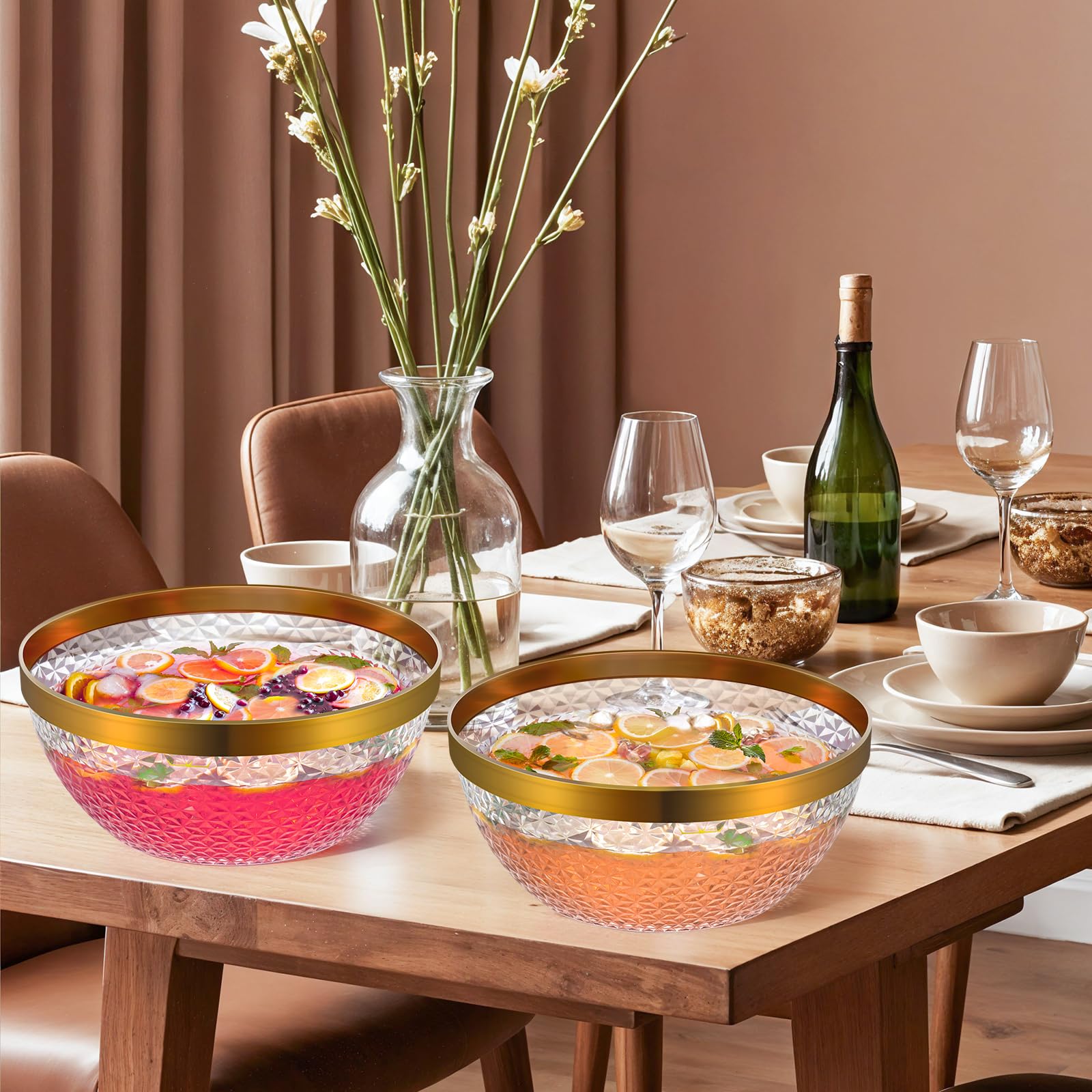 NiHome Lot de 2 bols à punch en plastique transparent avec louche et pince pour fêtes, mariages, barbecues, 4 litres - Ensemble complet pour cocktails, salades, collations - Facile à nettoyer