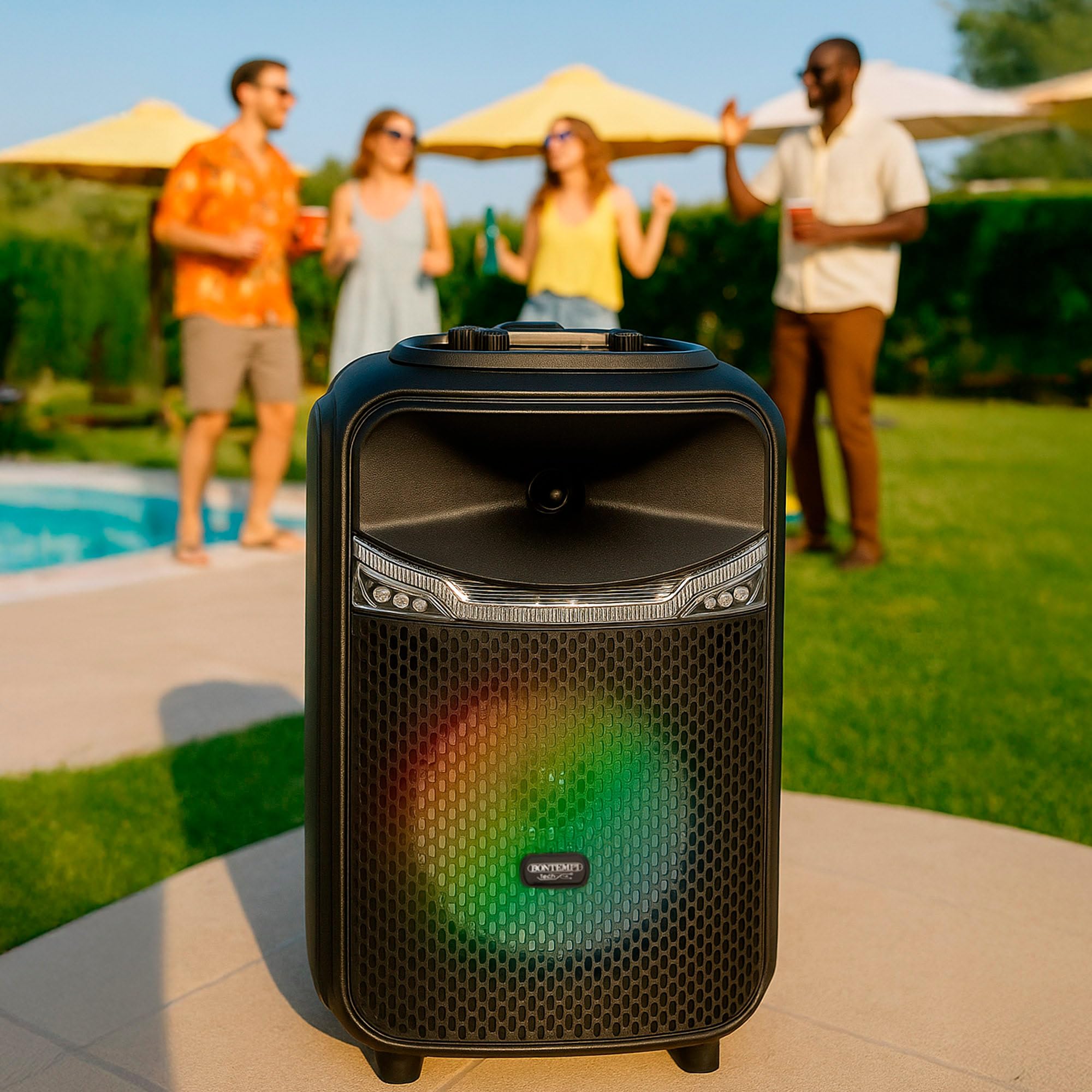 ColorBaby Bontempi Altavoz Maleta inalámbrico con Karaoke, 300W de Potencia, 2 micrófonos, Luces RGB, Radio, Pantalla, Ecualizador de Sonido, Dos Altavoces a la Vez, Batería Recargable USB (39223)