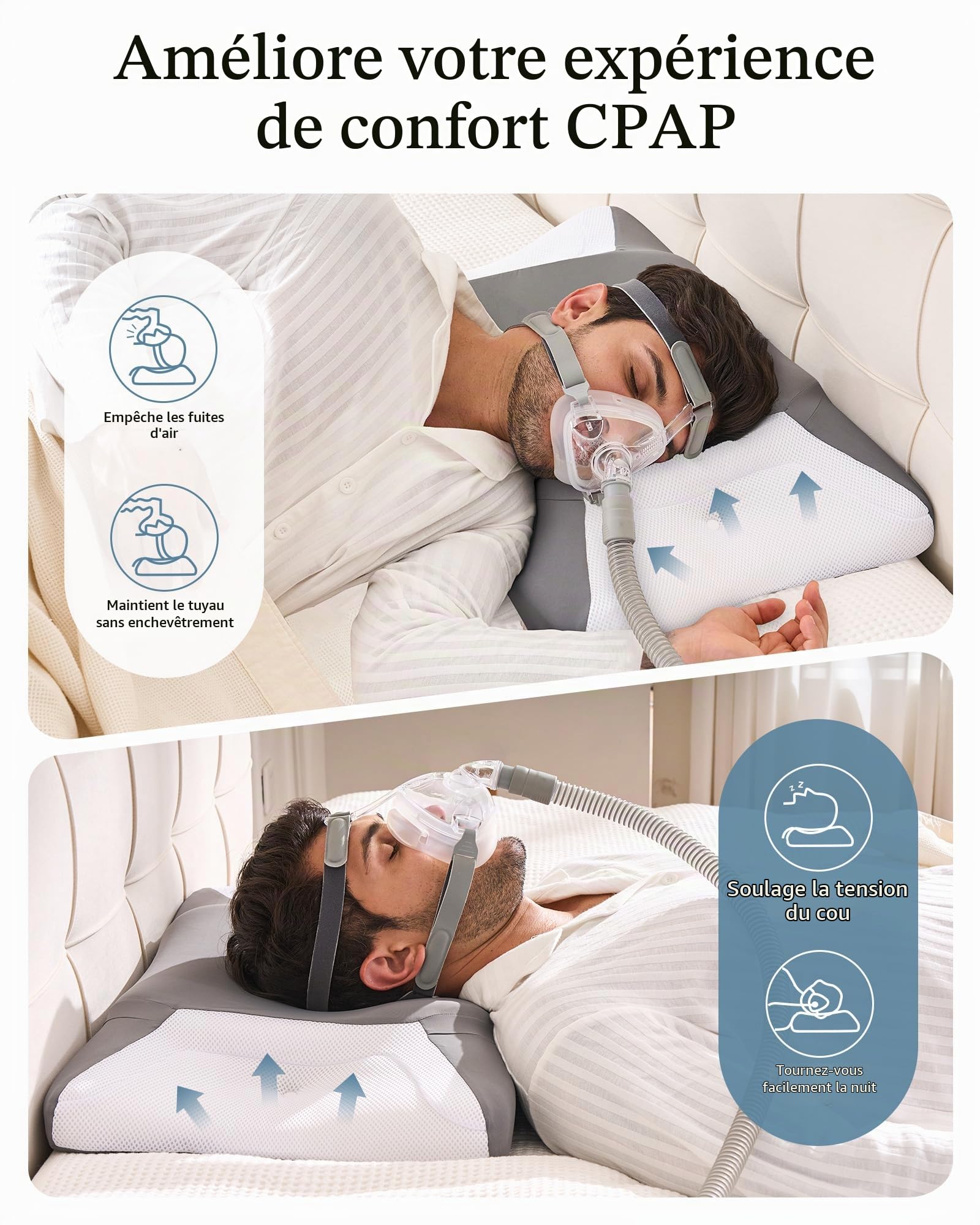 Oreiller CPAP Ergonomique à Mémoire de Forme Découpes Élargies