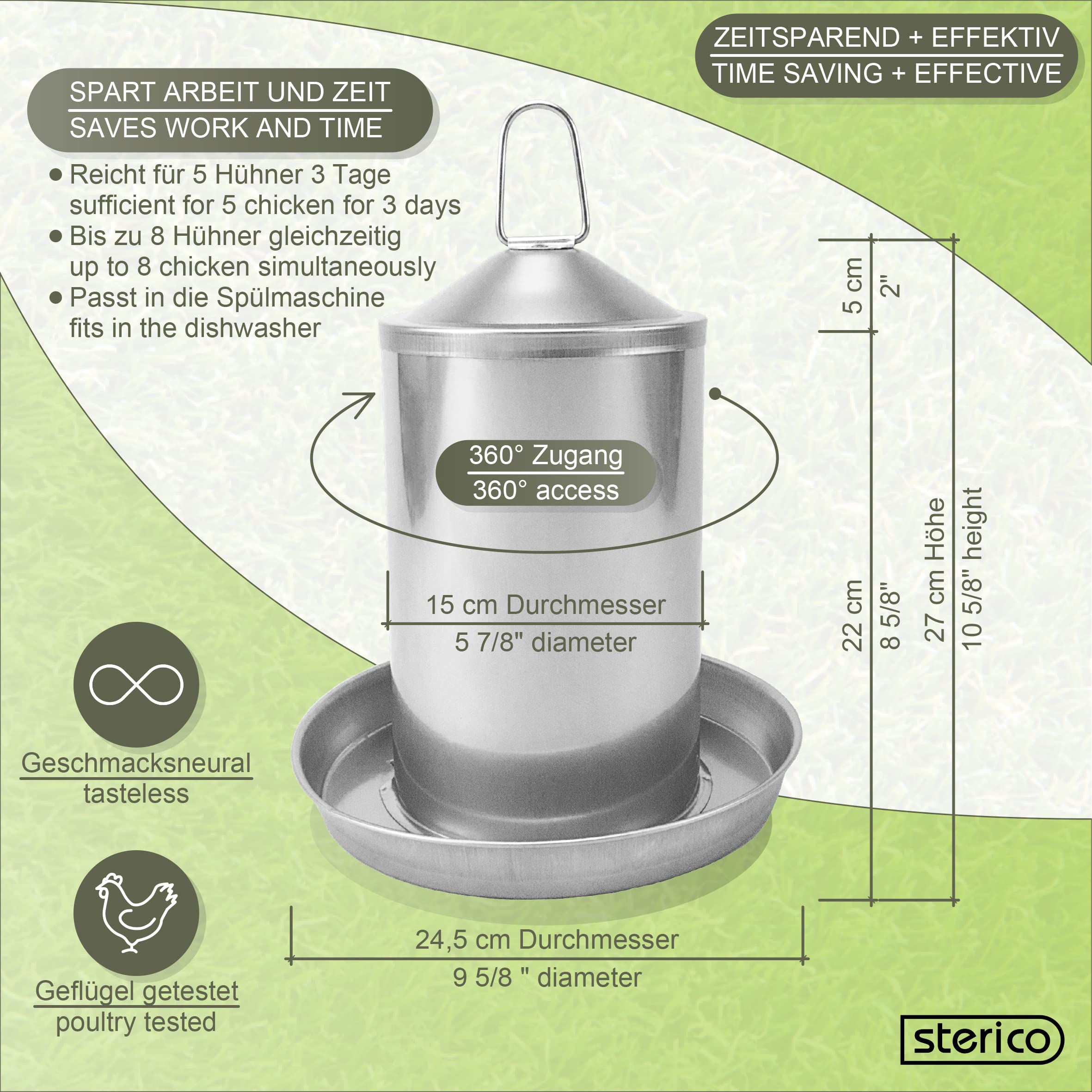 Sterico Abbeveratoio per polli, in acciaio inox 304, antiruggine, senza BPA, senza bordi pericolosi, a prova di troppopieno, sospeso e posizionabile, erogatore d'acqua per polli, 3 l