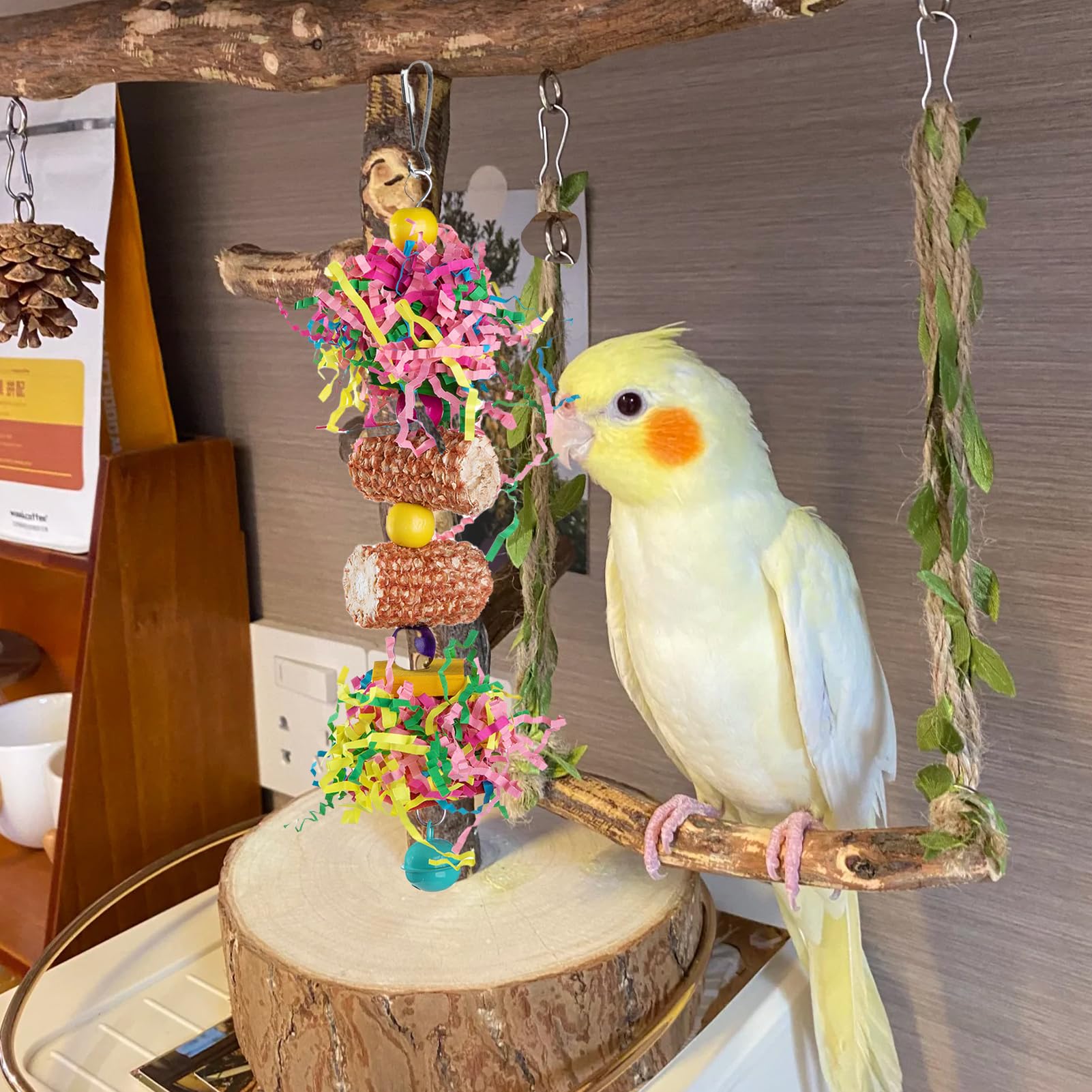 widenlise 2 Pcs Bird Toys, Bird Shredding Toys, Parrot Chewing Toys, Cockatiel Toys, Include Natural Corn Cob Bells - Image 2