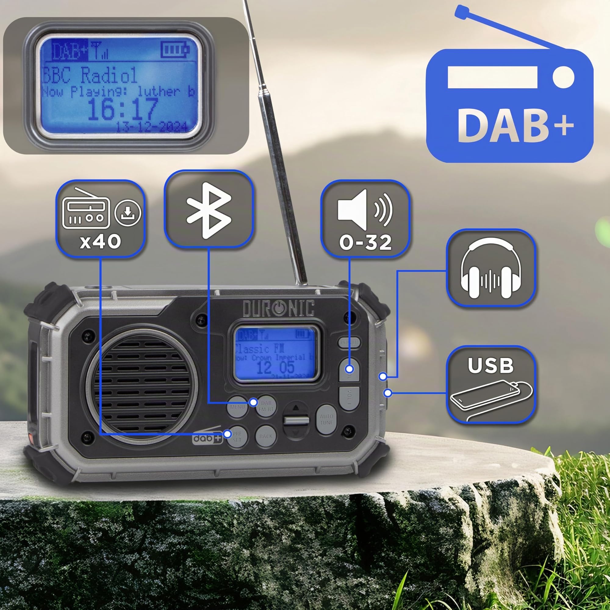 Duronic SDAB1 Kurbelradio, Tragbares Solar Notfall DAB FM Radio mit LED Licht und Kurbel, Batteriebetrieb und 2000mAh Powerbank, Bluetooth Speaker