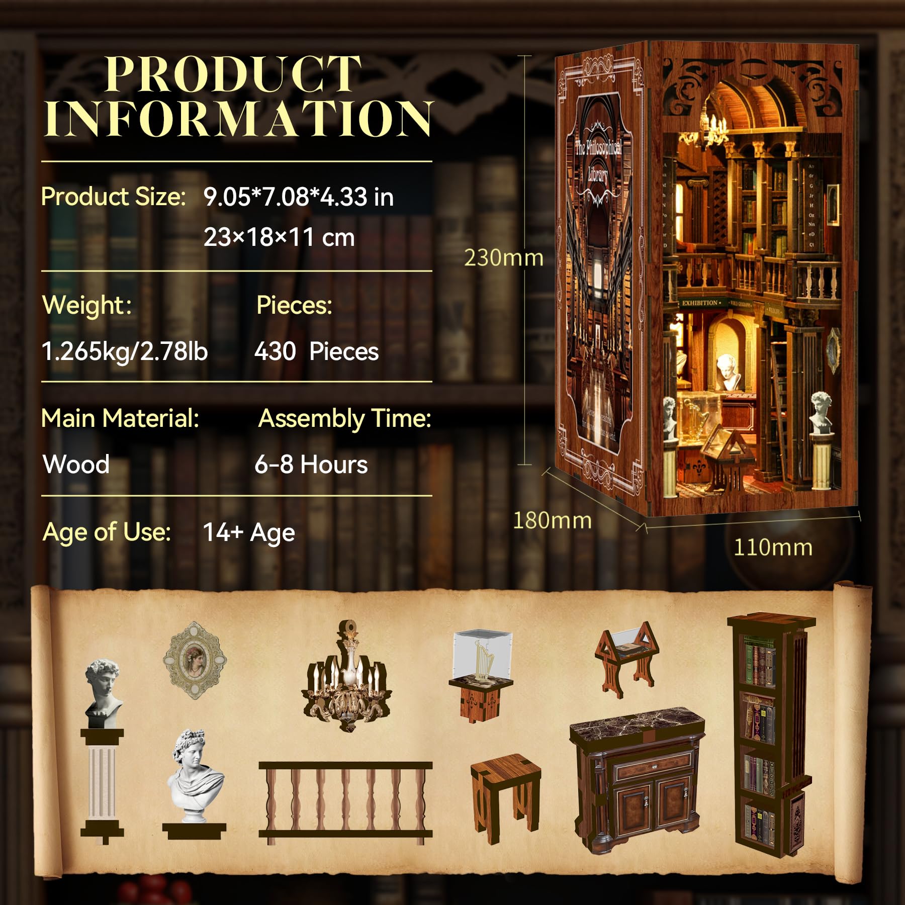 LUMYCE Kit Book Nook DIY per Adulti Casa in Miniatura con Luci LED da Montare, Modellismo 3D Creativo per Decorare Librerie - Regalo Originale per Appassionati di Fai da Te