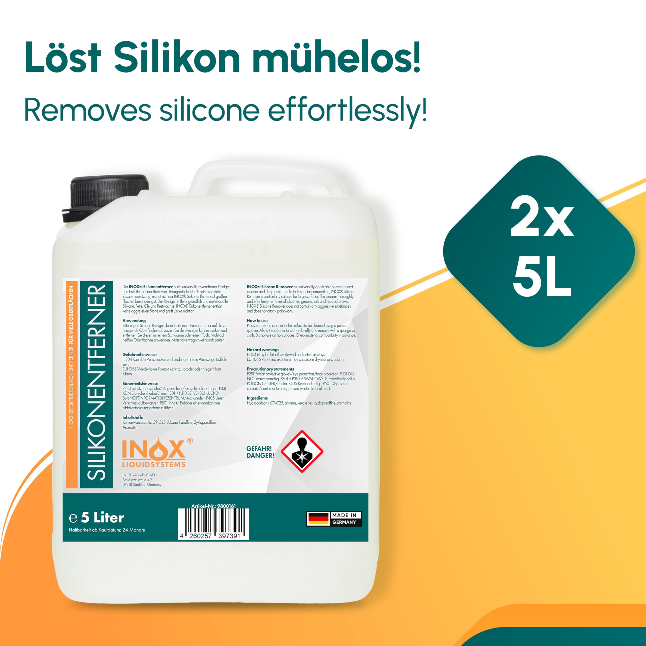 INOX® - Silikonentferner 2x5L IX400 | Der Silikonreiniger entfernt mühelos Fette, Öle & Silikon | Intensive Reinigung | Wachsentferner für Autolack | Besonders schonend