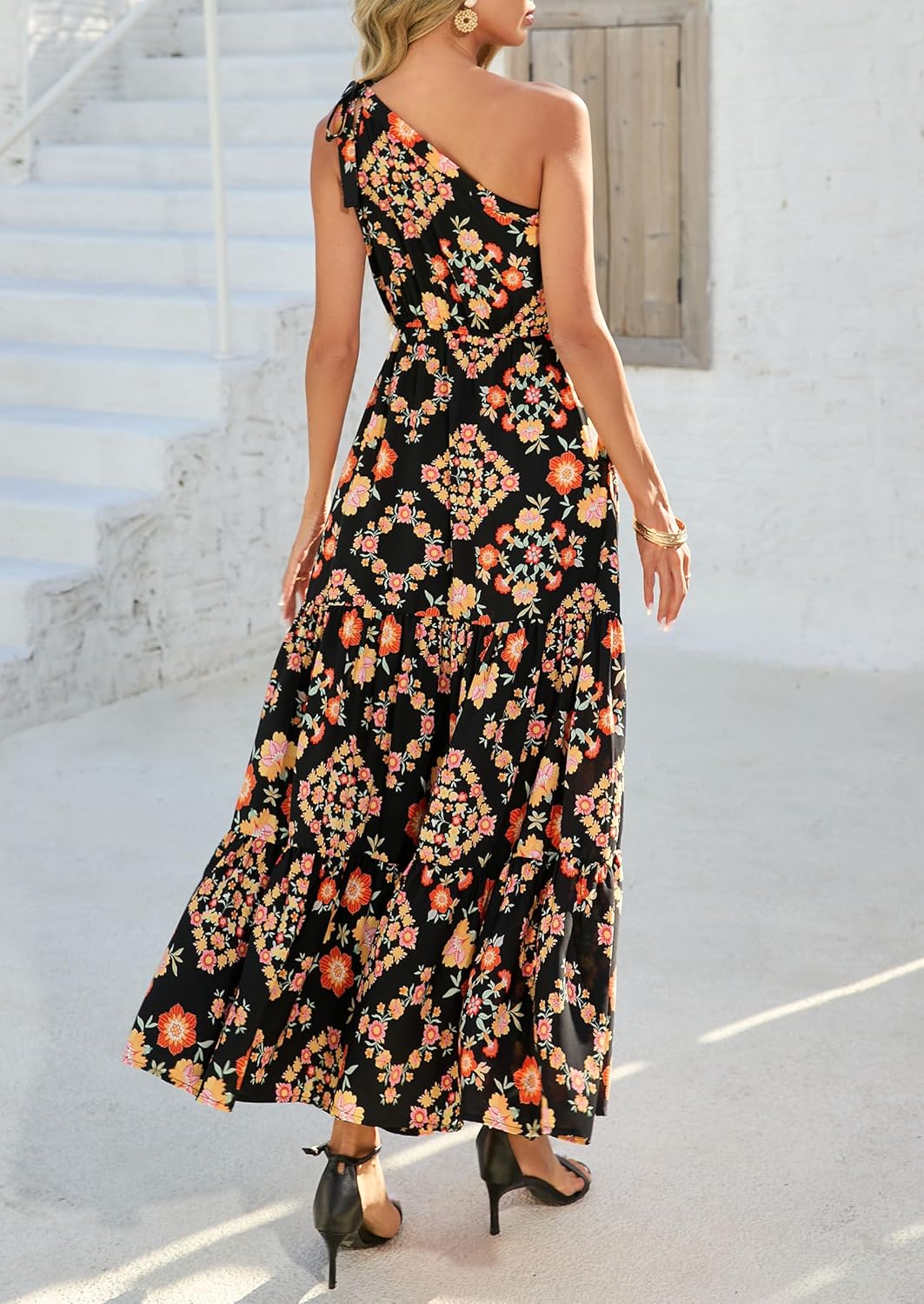 PRETTYGARDEN Women's Summer Floral One Shoulder Maxi Dress Knot Ruffle Boho Beach Vacation Wedding Guest Long Sun Dresses - Image 4