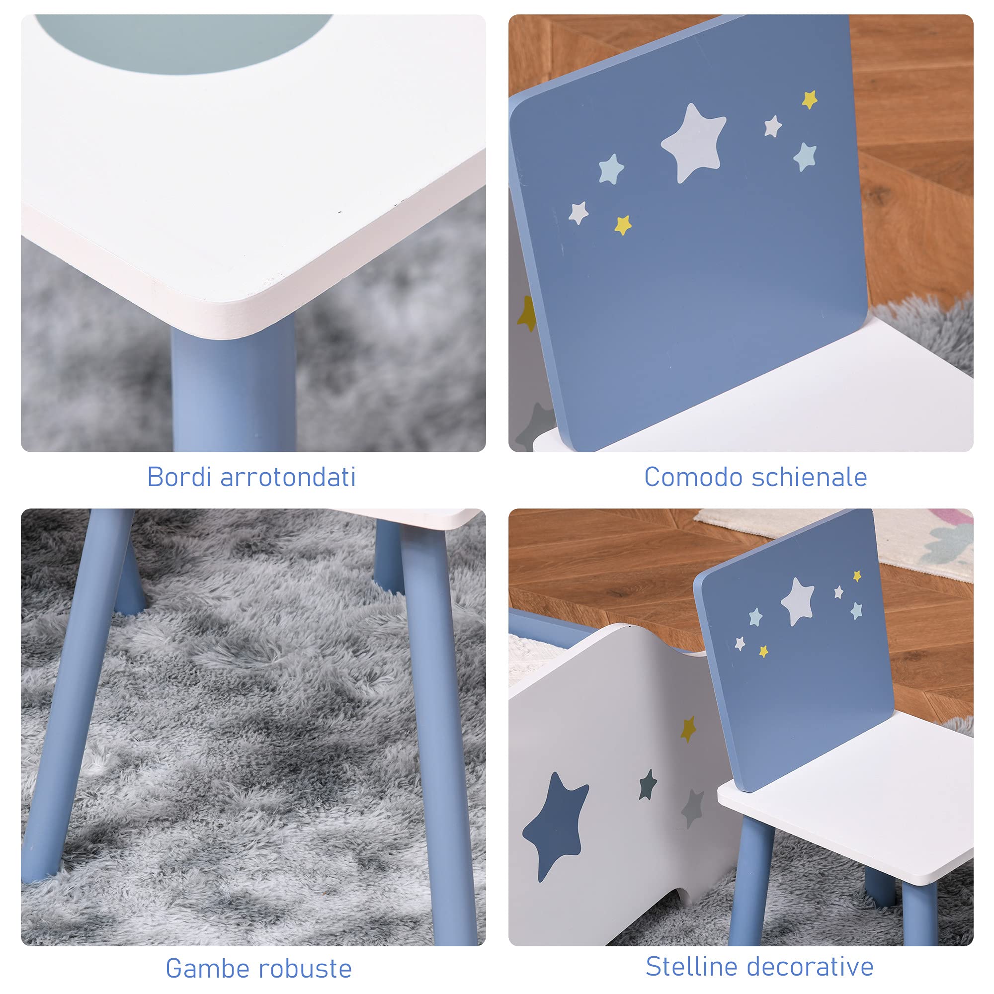 HOMCOM Tavolo e Sedie per Bambini, Tavolino per Bambini 2-4 Anni, in Legno Azzurro e Bianco, Set 3 Pezzi