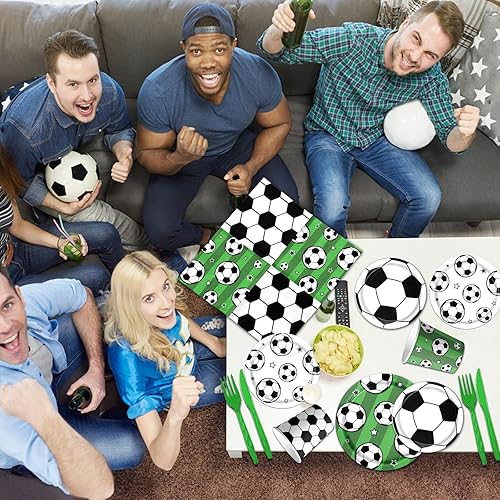 Miniatura 6 de Juego de vajilla para fiesta de fútbol, 142 platos de fútbol y servilletas, suministros para fiesta, incluye pancarta, platos, vasos, servilletas,