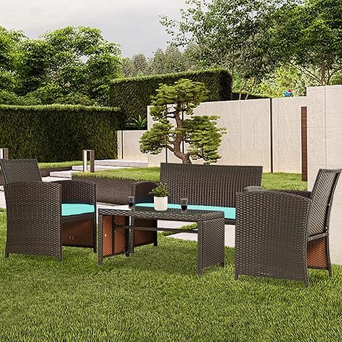 Miniatura 6 de Juego de muebles de patio de 4 piezas, muebles de exterior, juego de conversación de mimbre marrón, sillas de mimbre para exteriores, sofá biplaza