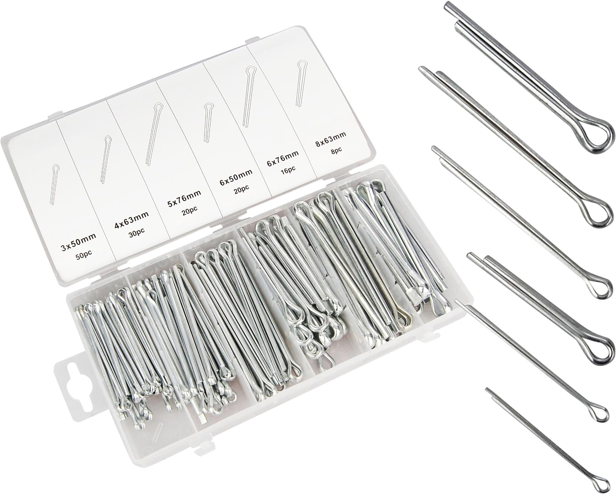 144 large split pins in a set, 144 locking pins in 6 different sizes in the assortment box.