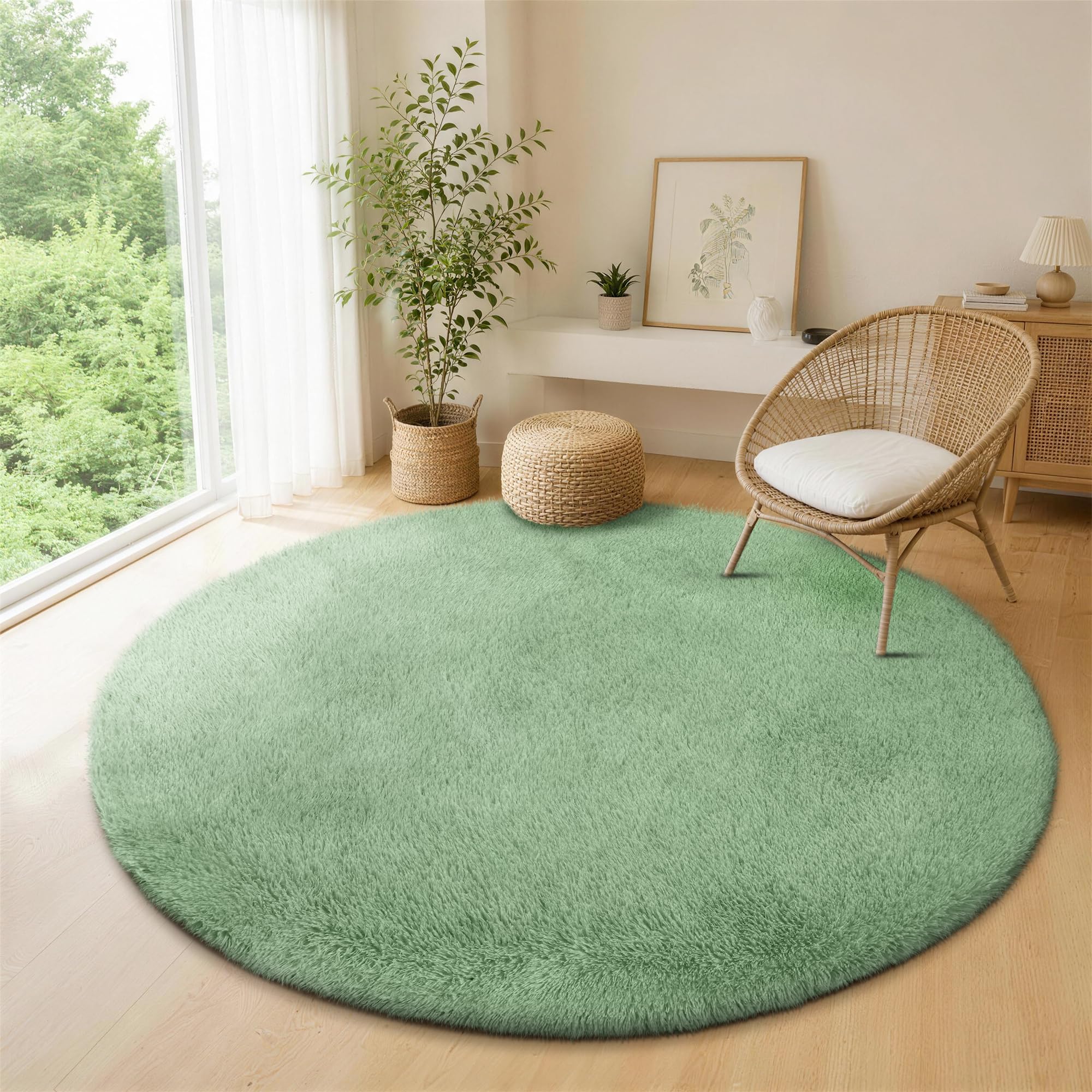 FVVRAX 160 cm Large Round Rugs Living Room, Sage Green Fluffy Rug for Bedroom, Non Slip Soft Shaggy Circular Carpet for Lounge, Bedside, Nursery โ image 1