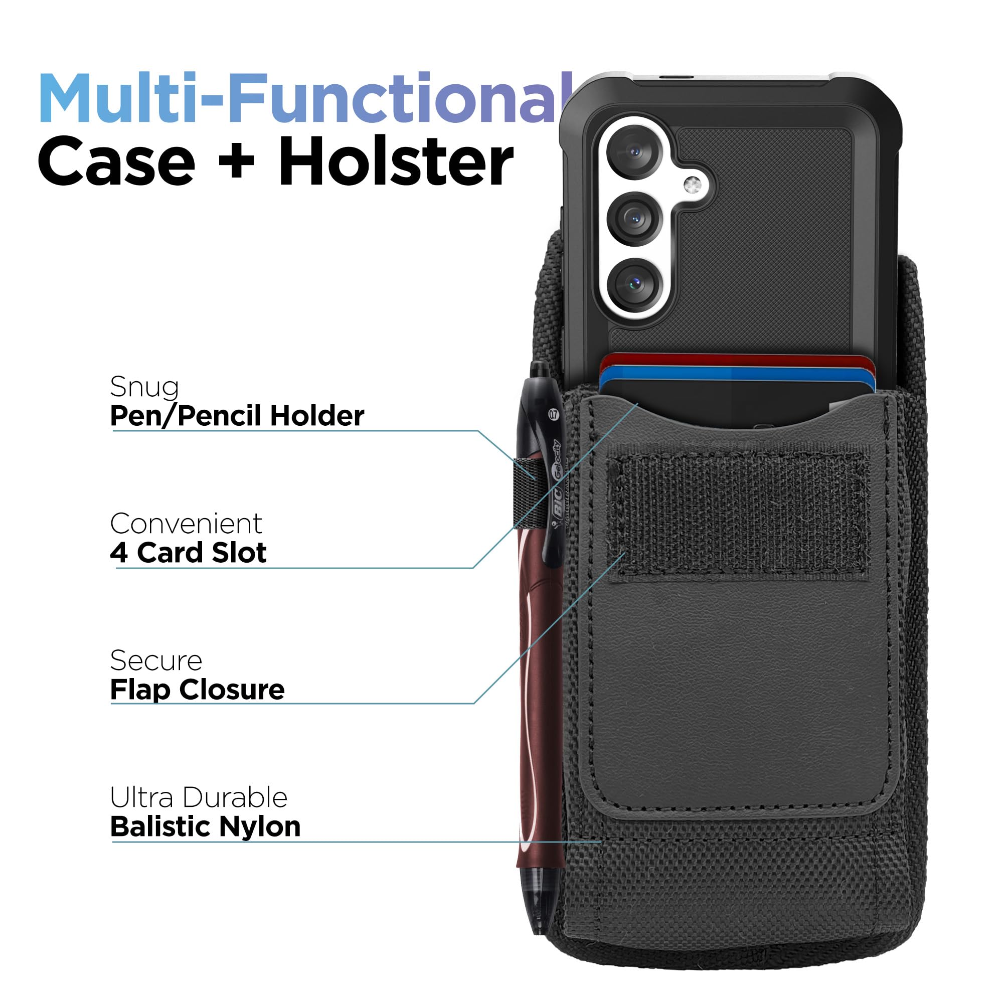 ENCASED Etui na pasek 2 w 1 z etui zaprojektowane dla Samsung Galaxy S24 Plus (2024), etui ochronne na całą obudowę z osłoną ekranu i klipsem do kabury (czarne) (S24+)